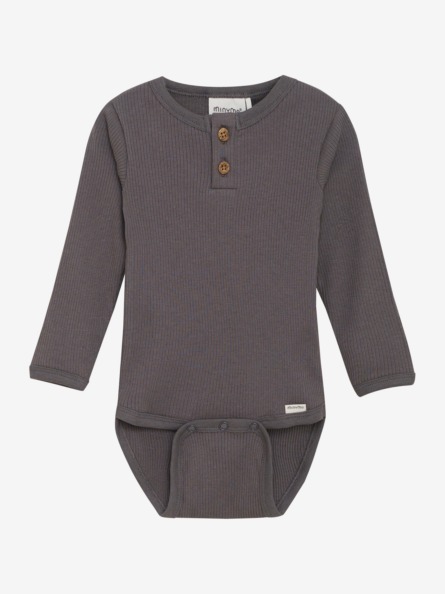 Dieser graue, gerippte Body von MINYMO bezaubert mit niedlichen kleinen Knöpfen und sorgt für verspielten Charme.