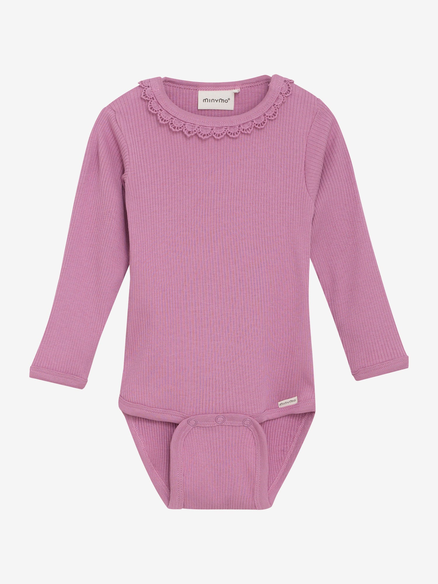 Dieser rosa, gerippte Body von MINYMO besticht durch ein elegantes Detail am Kragen, das dem Design eine besondere Note verleiht.