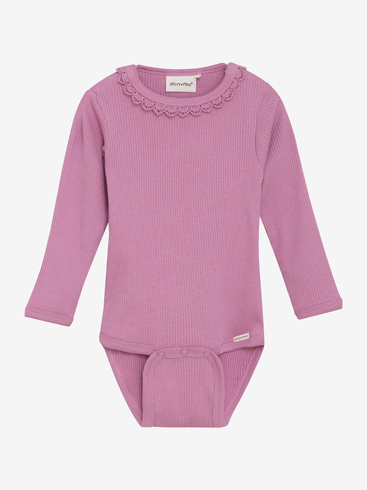 Dieser rosa, gerippte Body von MINYMO besticht durch ein elegantes Detail am Kragen, das dem Design eine besondere Note verleiht.