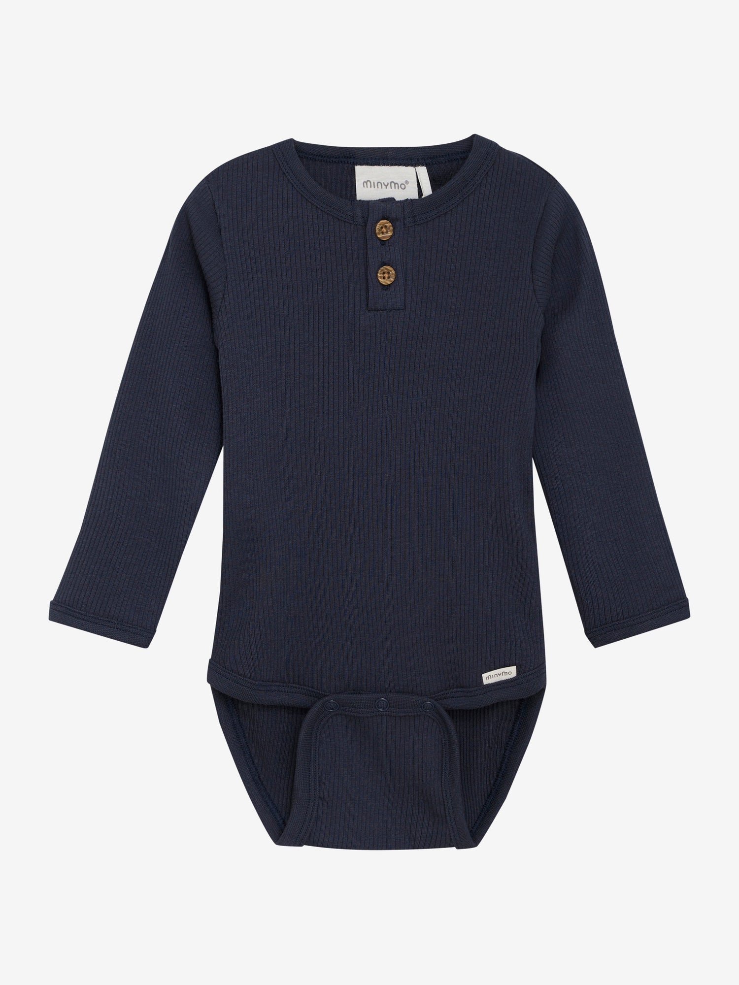 Dieser dunkelblaue, gerippte Body von MINYMO besticht durch seine feinen, kleinen Knöpfe und verleiht jedem Outfit eine elegante Note.