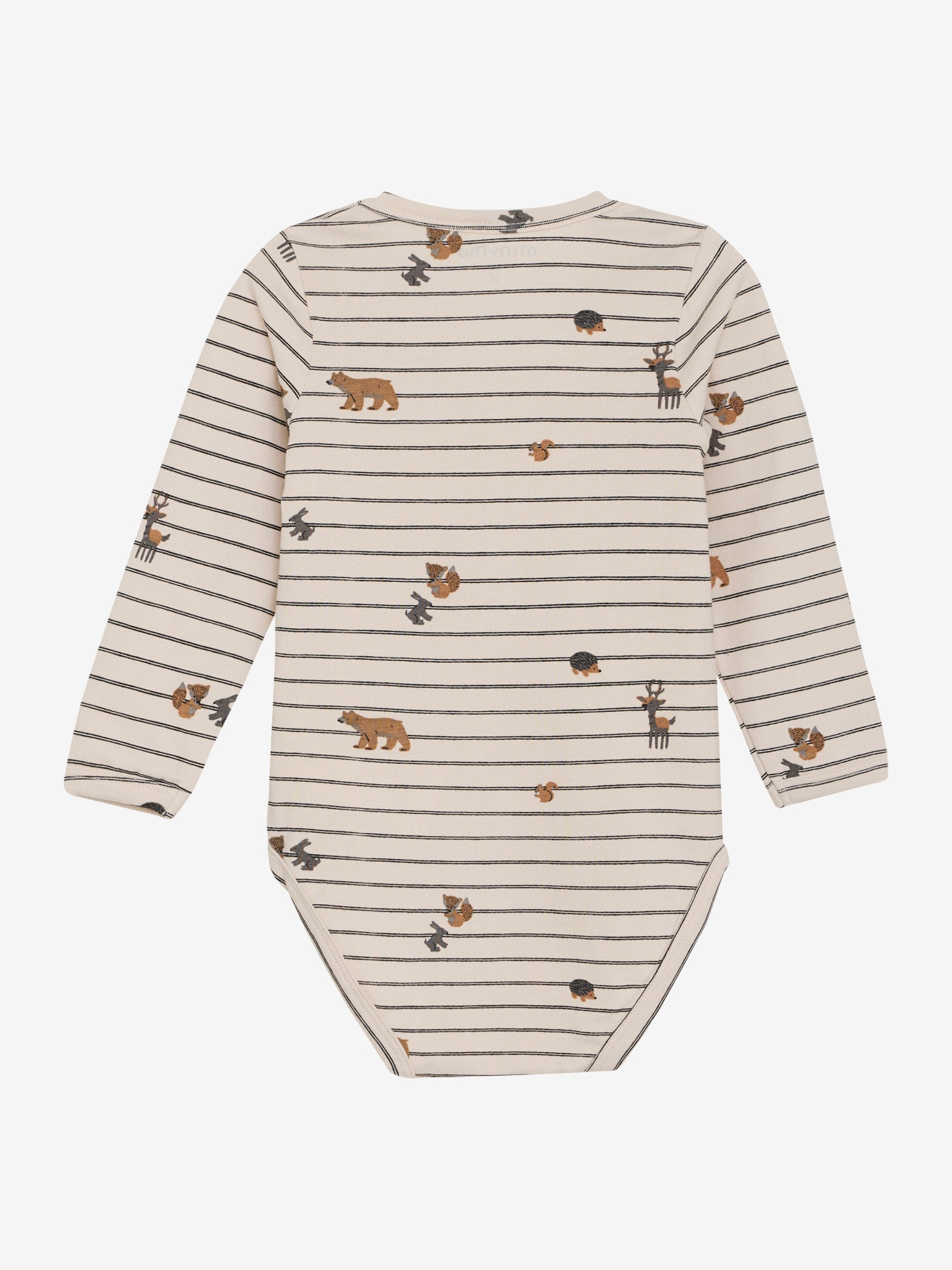 Dieser langärmelige Body von MINYMO besticht durch sein gestreiftes Design und einen durchgehenden Waldtier-Print, der dem Kleidungsstück eine elegante Note verleiht.