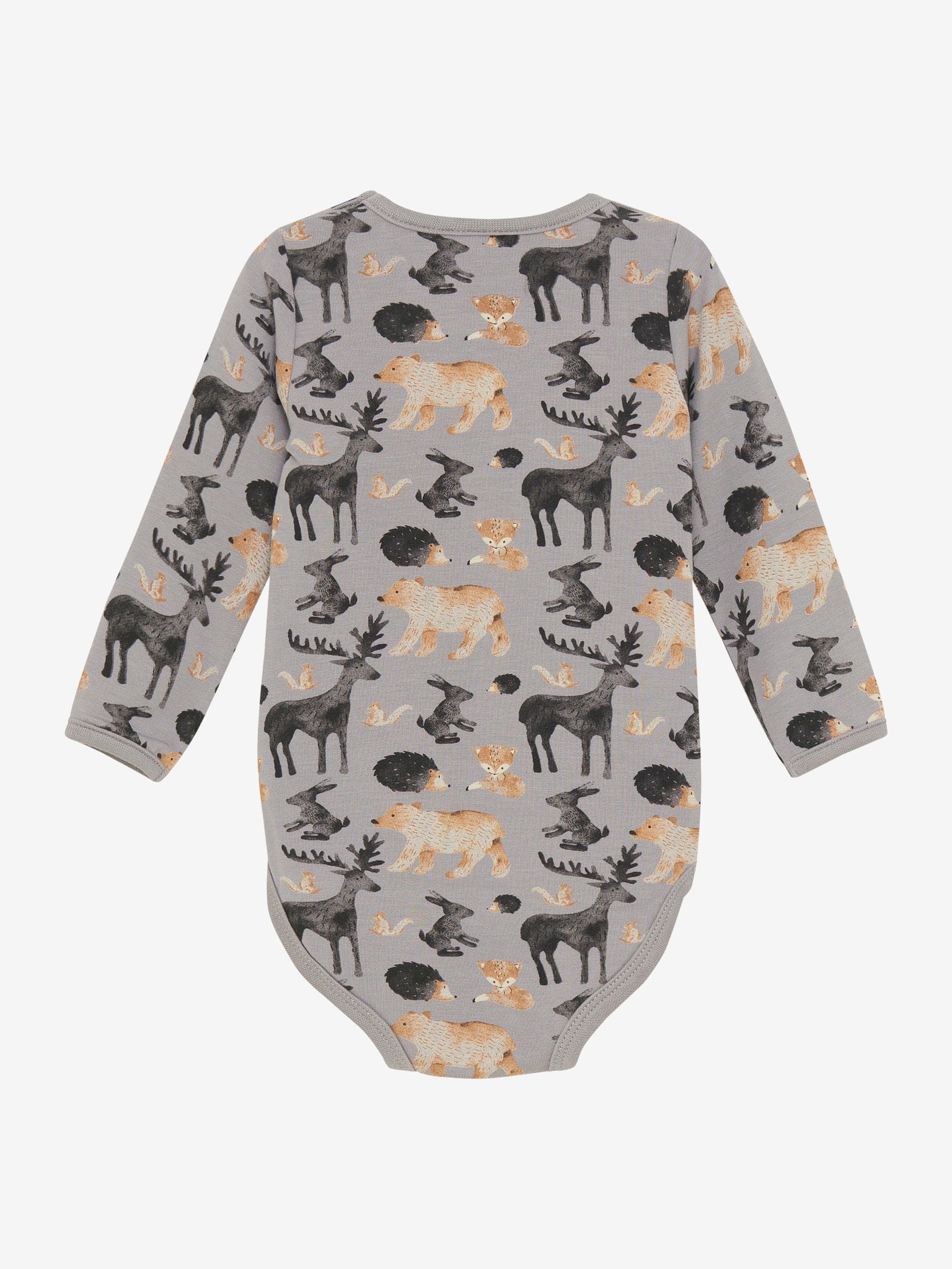 Der graue Langarm-Body von MINYMO überzeugt mit einem eleganten All-Over-Print, der von Waldtieren inspiriert ist.