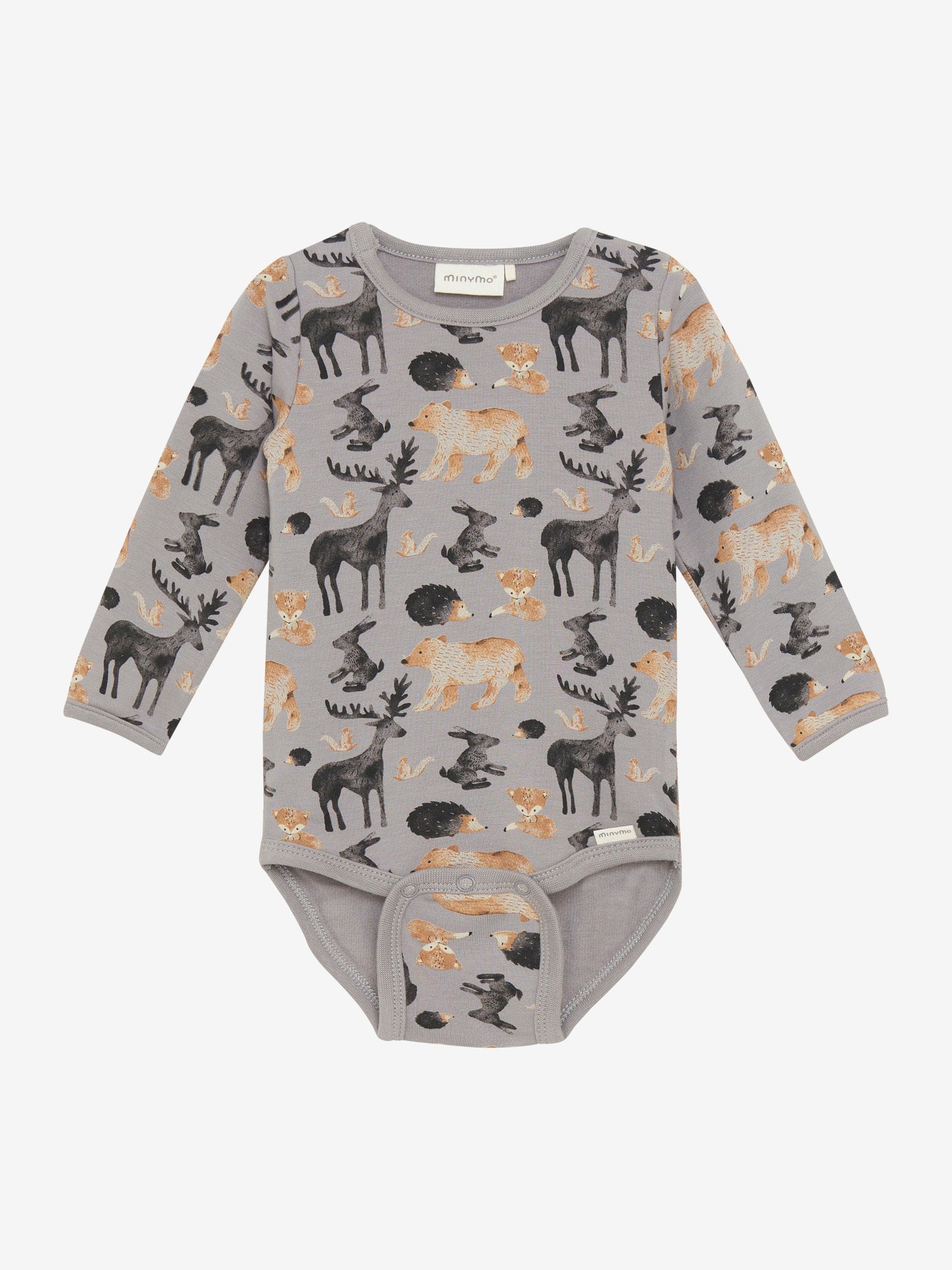 Der graue Langarm-Body von MINYMO überzeugt mit einem eleganten All-Over-Print, der von Waldtieren inspiriert ist.