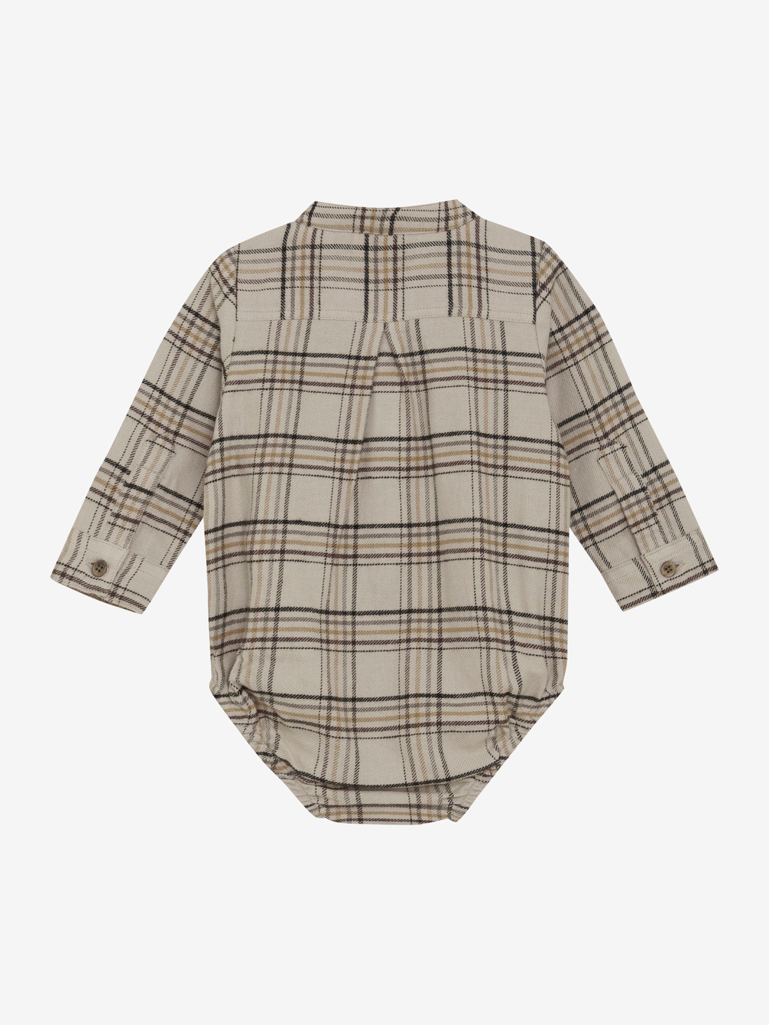 Dieser beige, karierte Langarm-Body mit Knöpfen von MINYMO besticht durch zeitlose Eleganz und hochwertige Verarbeitung.