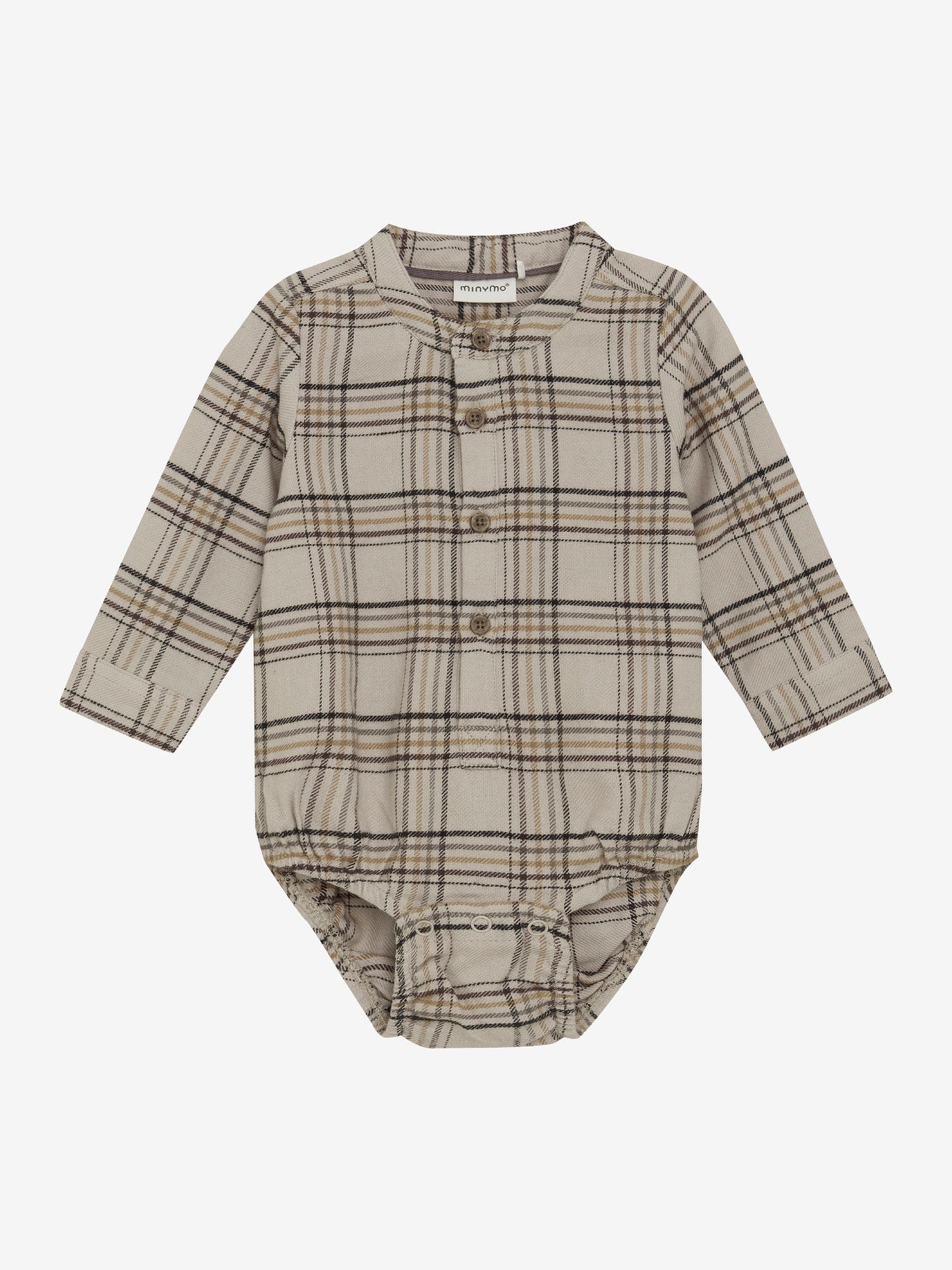 Dieser beige, karierte Langarm-Body mit Knöpfen von MINYMO besticht durch zeitlose Eleganz und hochwertige Verarbeitung.