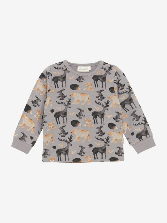 Das graue Langarmshirt überzeugt mit einem umfassenden Waldtier-Motiv von MINYMO und setzt stilvolle Akzente in Ihrer Garderobe.