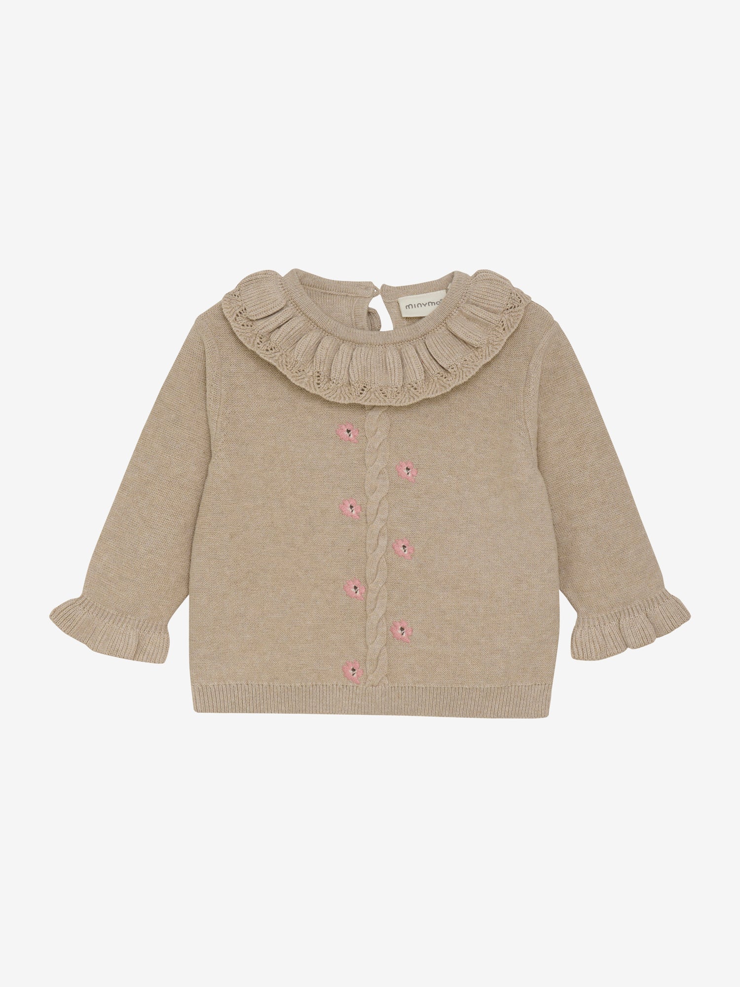 Beiger Strickpullover von MINYMO, der mit zarten Rüschen am Kragen und an den Ärmeln sowie kleinen Blumendetails einen sanften und liebevollen Stil verleiht.