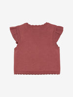 MINYMO präsentiert eine rote Strickweste mit bezaubernden Rüschenärmeln und einem niedlichen Hasenmotiv.