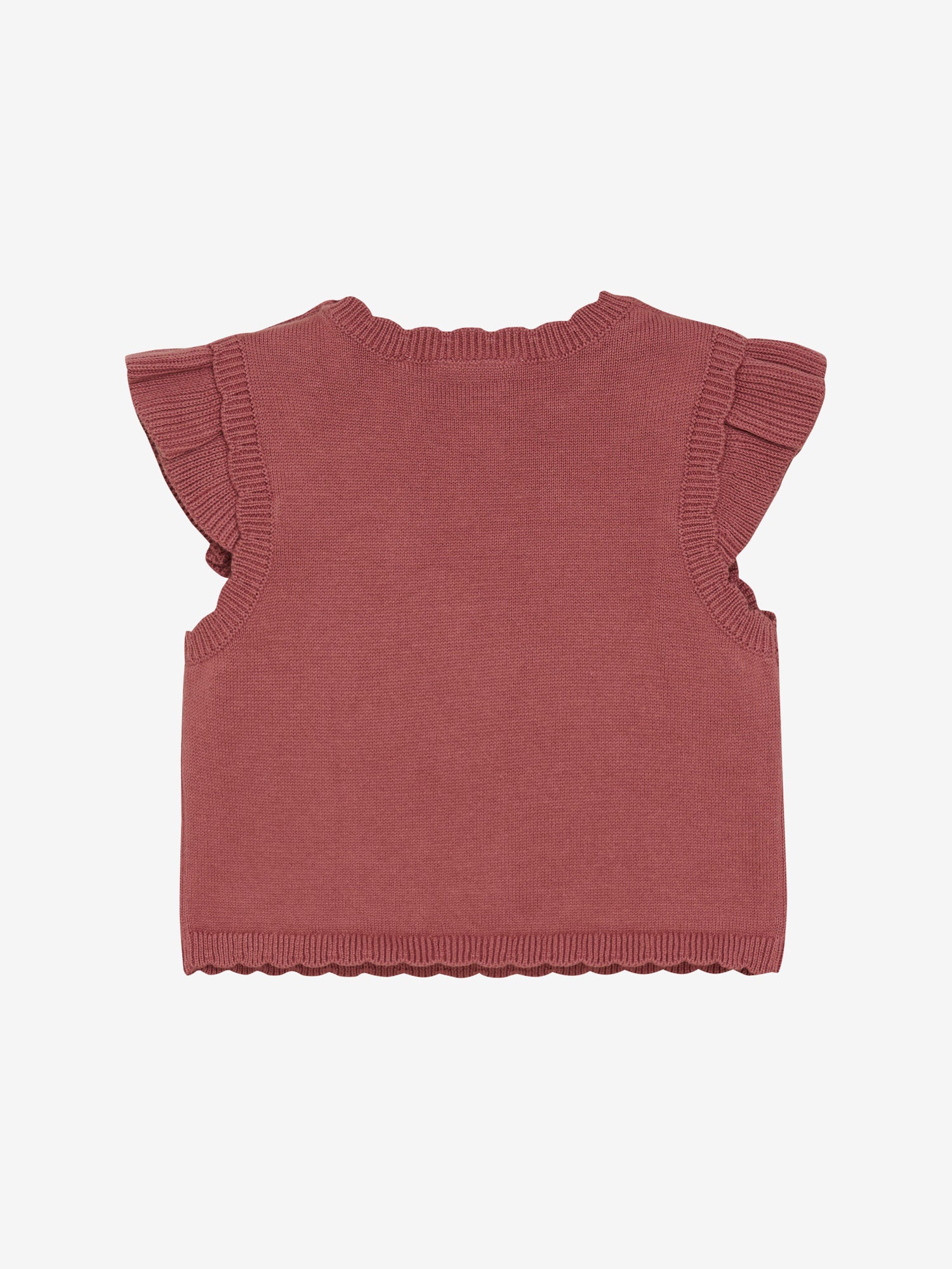 MINYMO präsentiert eine rote Strickweste mit bezaubernden Rüschenärmeln und einem niedlichen Hasenmotiv.