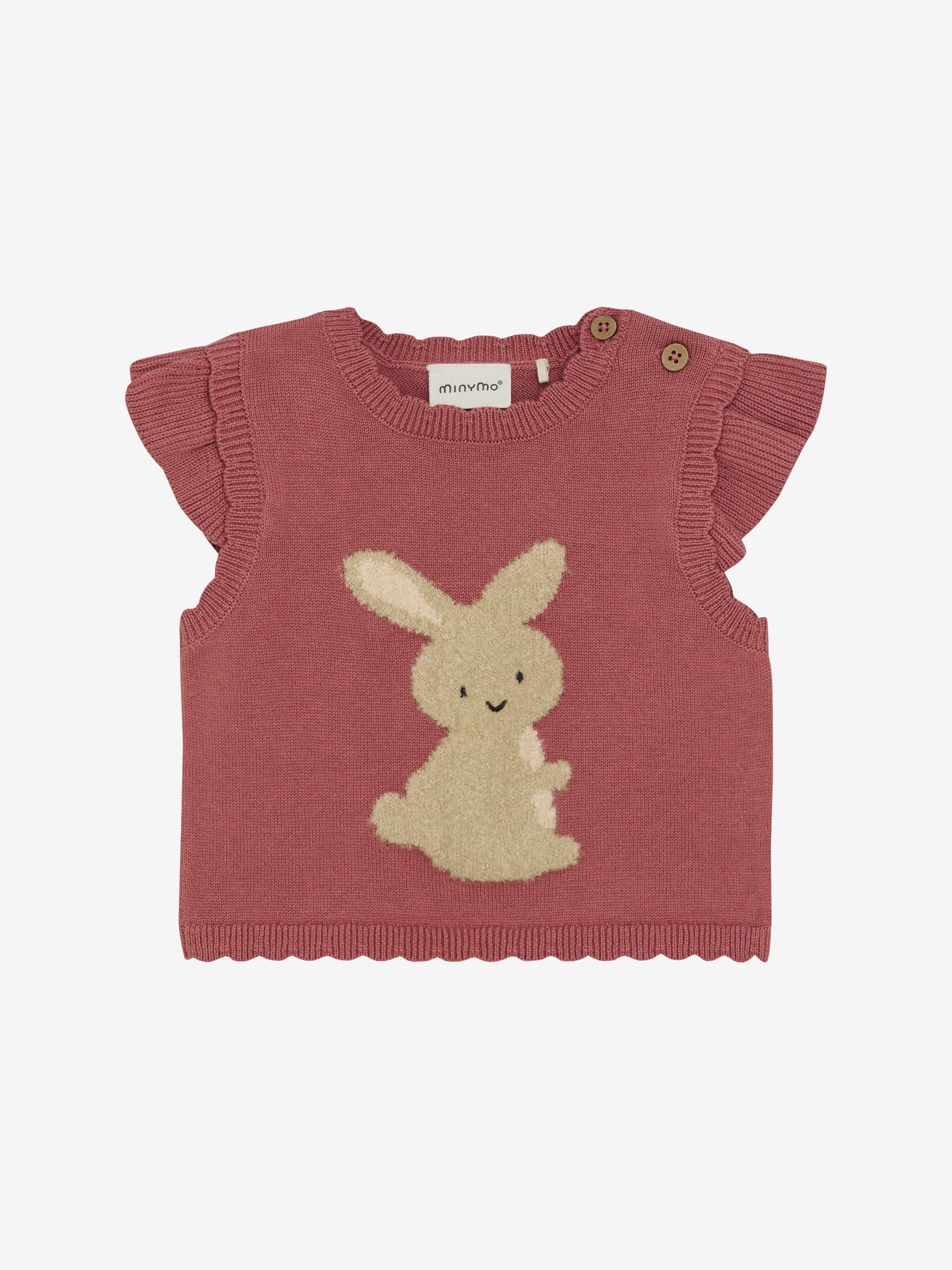 MINYMO präsentiert eine rote Strickweste mit bezaubernden Rüschenärmeln und einem niedlichen Hasenmotiv.