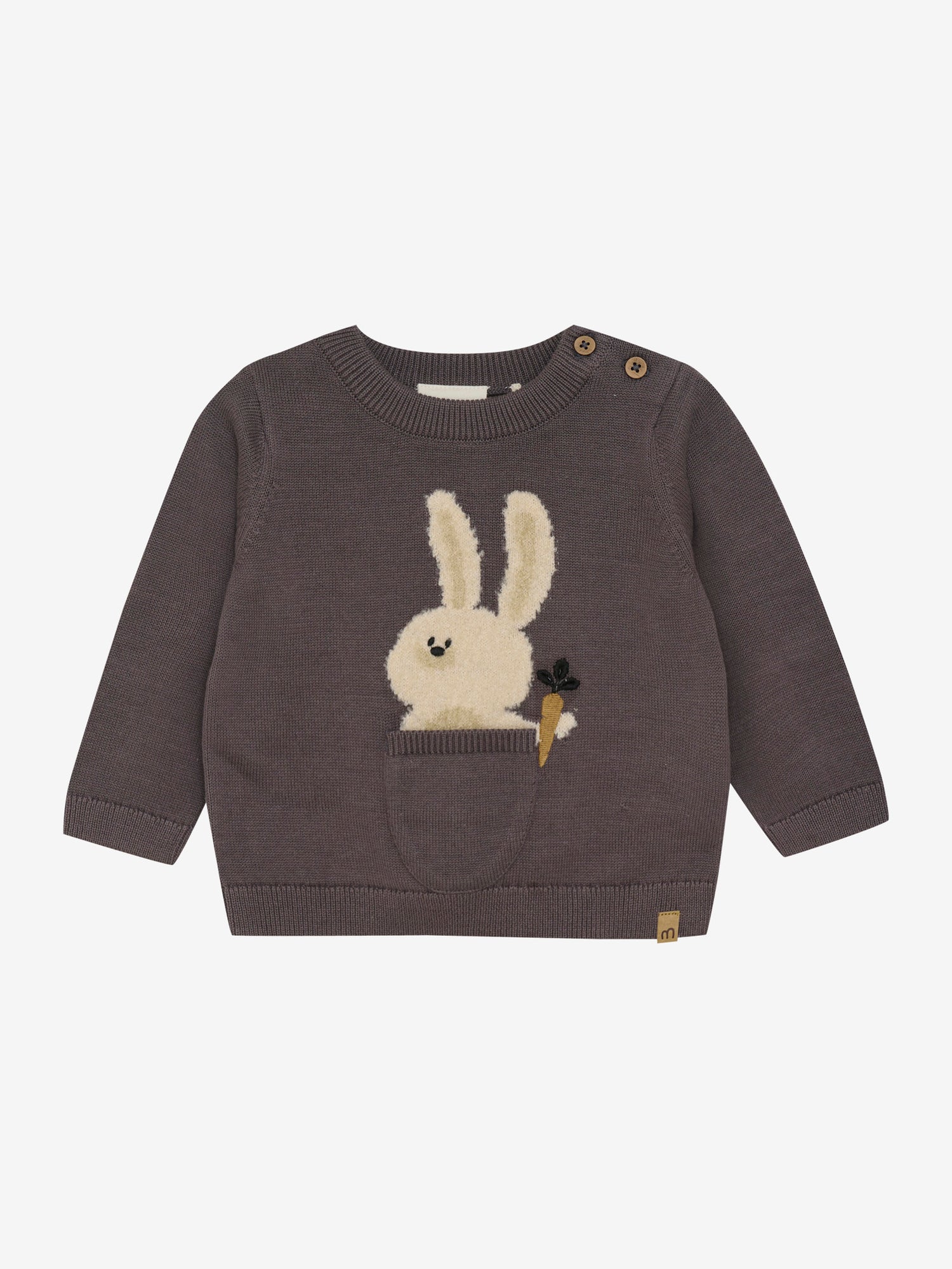 Dieser dunkelbraune Strickpullover von MINYMO besticht durch ein charmantes Hasenmotiv und sorgt für gemütlichen Tragekomfort.