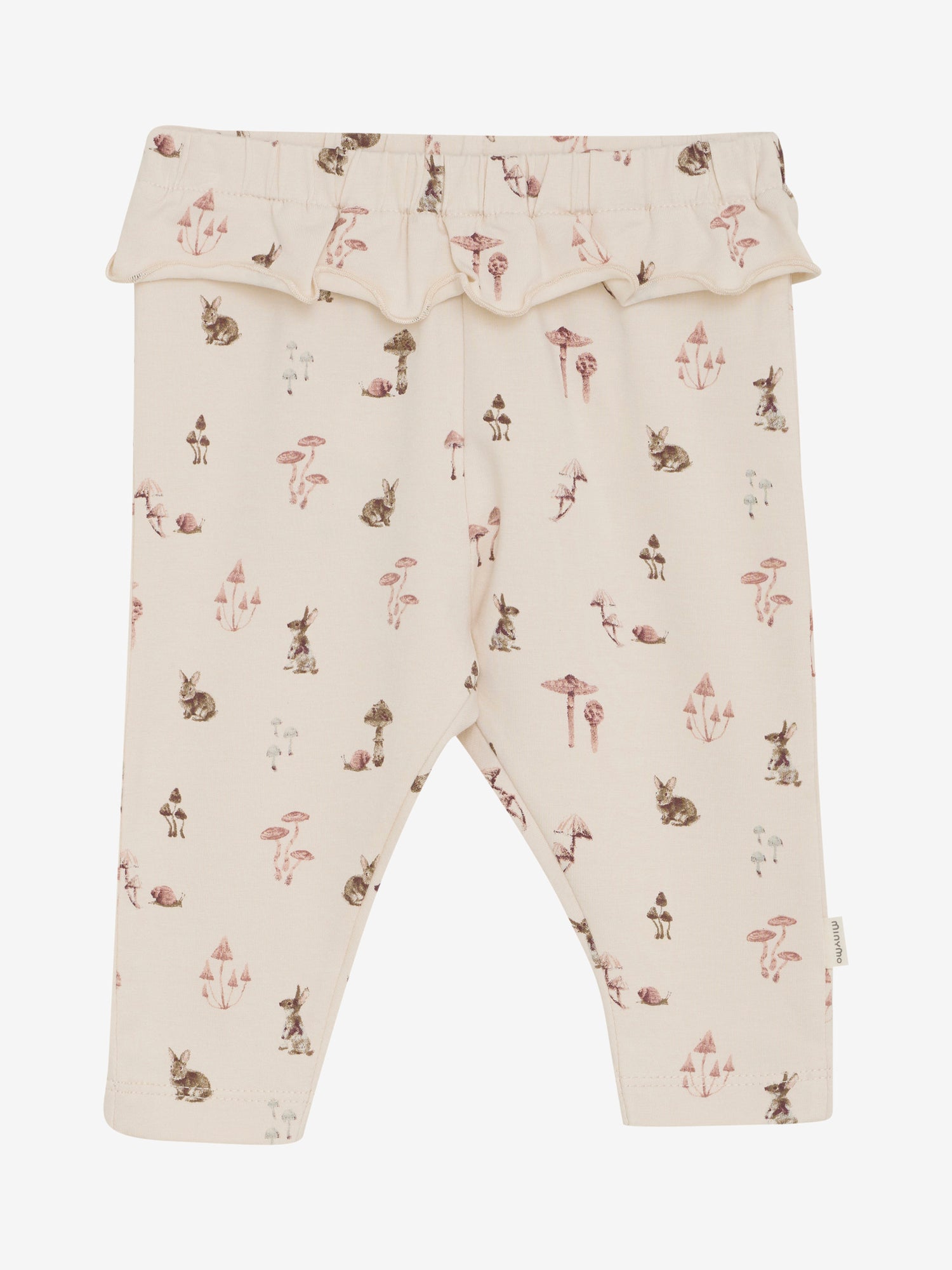 Diese weiße Hose von MINYMO besticht durch einen durchgehenden Pilz- und Tierprint sowie verspielte Rüschen am Bund, die jedem Outfit einen charmanten Akzent verleihen.