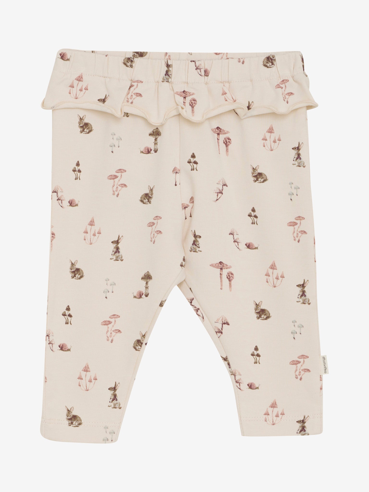Diese weiße Hose von MINYMO besticht durch einen durchgehenden Pilz- und Tierprint sowie verspielte Rüschen am Bund, die jedem Outfit einen charmanten Akzent verleihen.