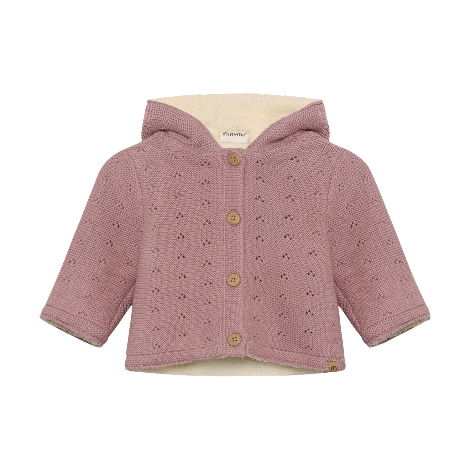 Die zart rosa Strickjacke von Minymo ist mit einem weichen Futter und einer Kapuze ausgestattet, die für zusätzlichen Schutz und Komfort sorgt. Dieses Design vereint funktionale Wärme mit einem ansprechenden Look, der sich ideal für die kühleren Tage eignet.&nbsp;