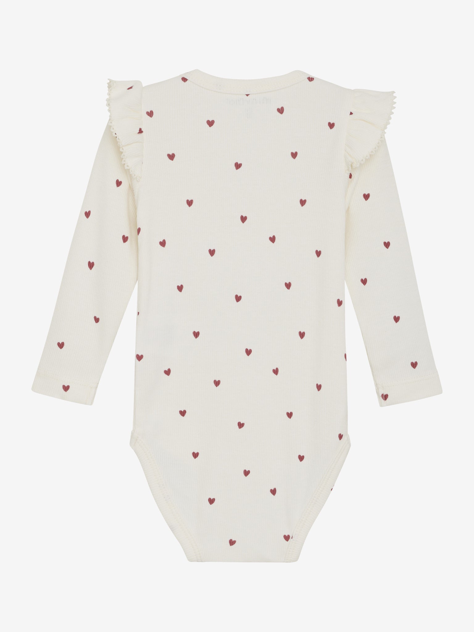 Dieser weiße Langarm-Body von MINYMO besticht durch seine gerippte Struktur und ein durchgehendes rotes Herzmuster, das für einen verspielten Look sorgt.