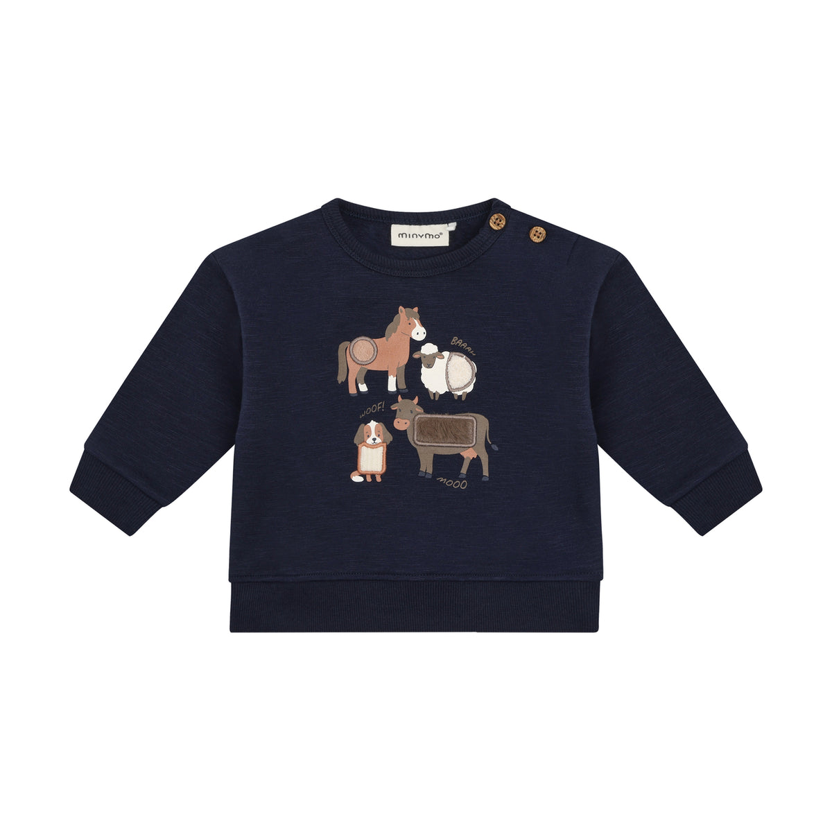 Gemütliches Sweatshirt mit langen Ärmeln in dunklem Blau – perfekt für kleine Abenteurer. Das hochwertige Minymo-Design besticht durch niedliche Farmtier-Motive, die Kinderherzen höher schlagen lassen. Die Mischung aus 95% Baumwolle und 5% Elastane sorgt für optimalen Tragekomfort und Bewegungsfreiheit den ganzen Tag über.