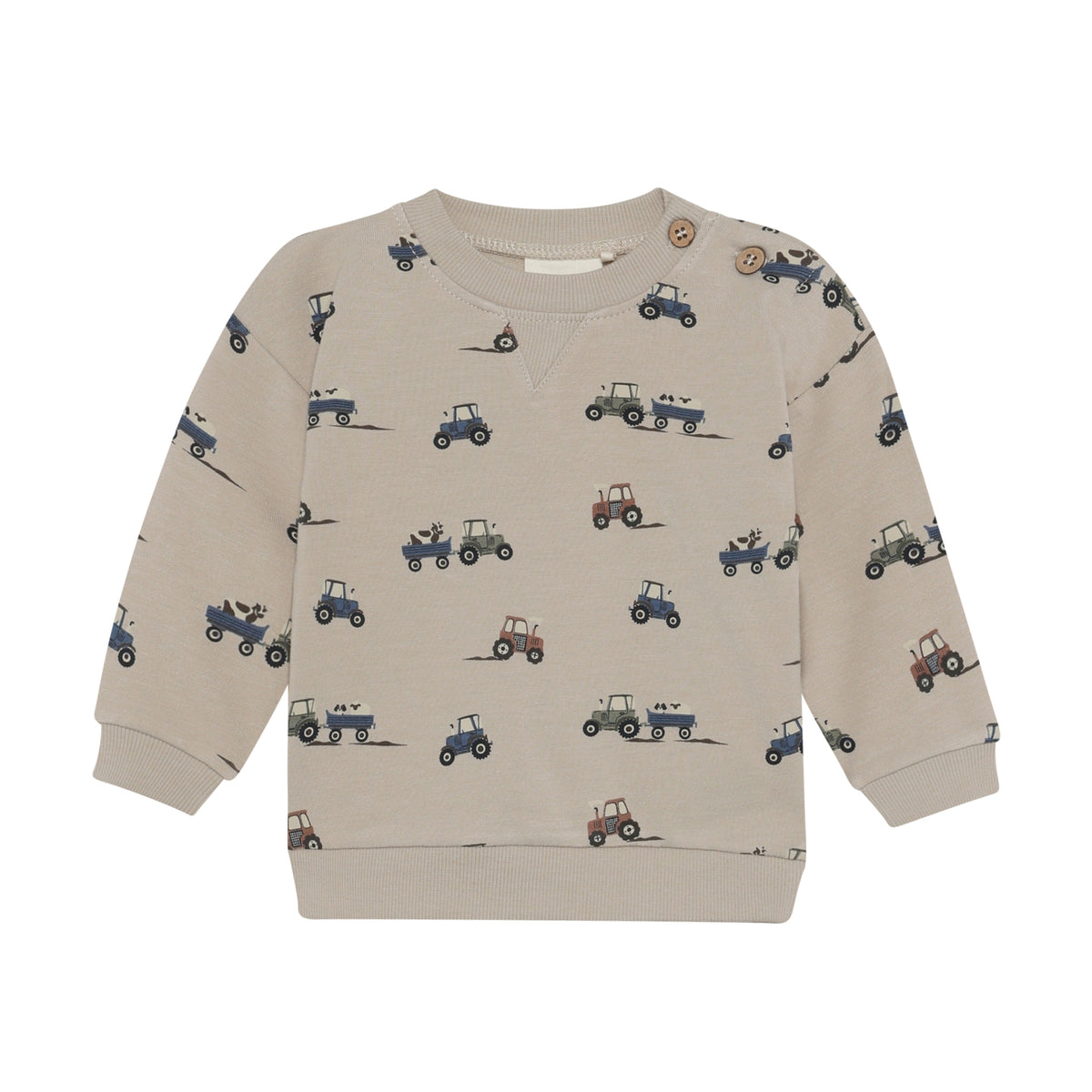 Das hochwertige Sweatshirt besticht durch sein verspieltes All-Over-Traktor-Motiv und bietet maximalen Tragekomfort. Die atmungsaktive Materialmischung aus Viscose, Baumwolle und Elastane sorgt für optimale Bewegungsfreiheit und sanfte Haptik auf der Haut. Perfekt für aktive Kinder, die Stil und Funktionalität lieben.