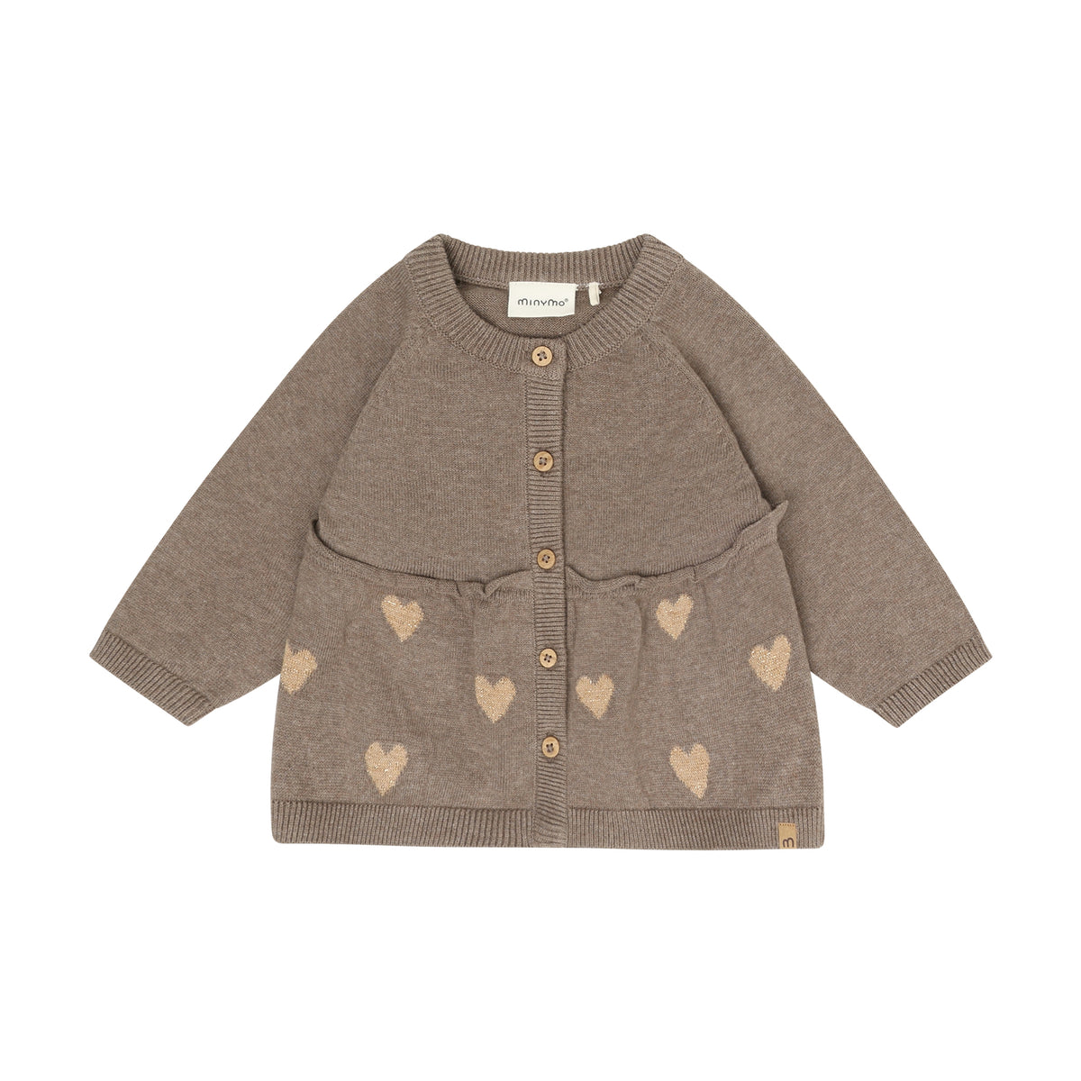 Ein wunderschöner brauner Knit Cardigan von Minymo mit zarten Herzmotiven und Rüschenverzierungen – perfekt für einfache gemütliche Tage und viele vielseitige Kombinationen.
