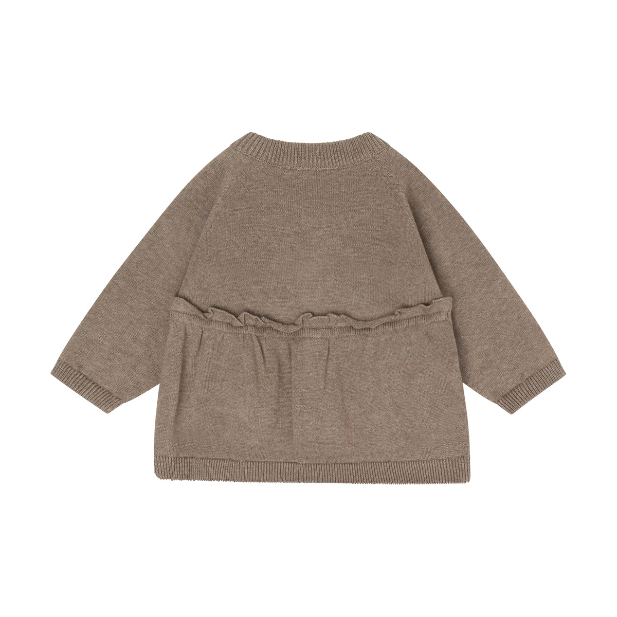 Ein wunderschöner brauner Knit Cardigan von Minymo mit zarten Herzmotiven und Rüschenverzierungen – perfekt für einfache gemütliche Tage und viele vielseitige Kombinationen.