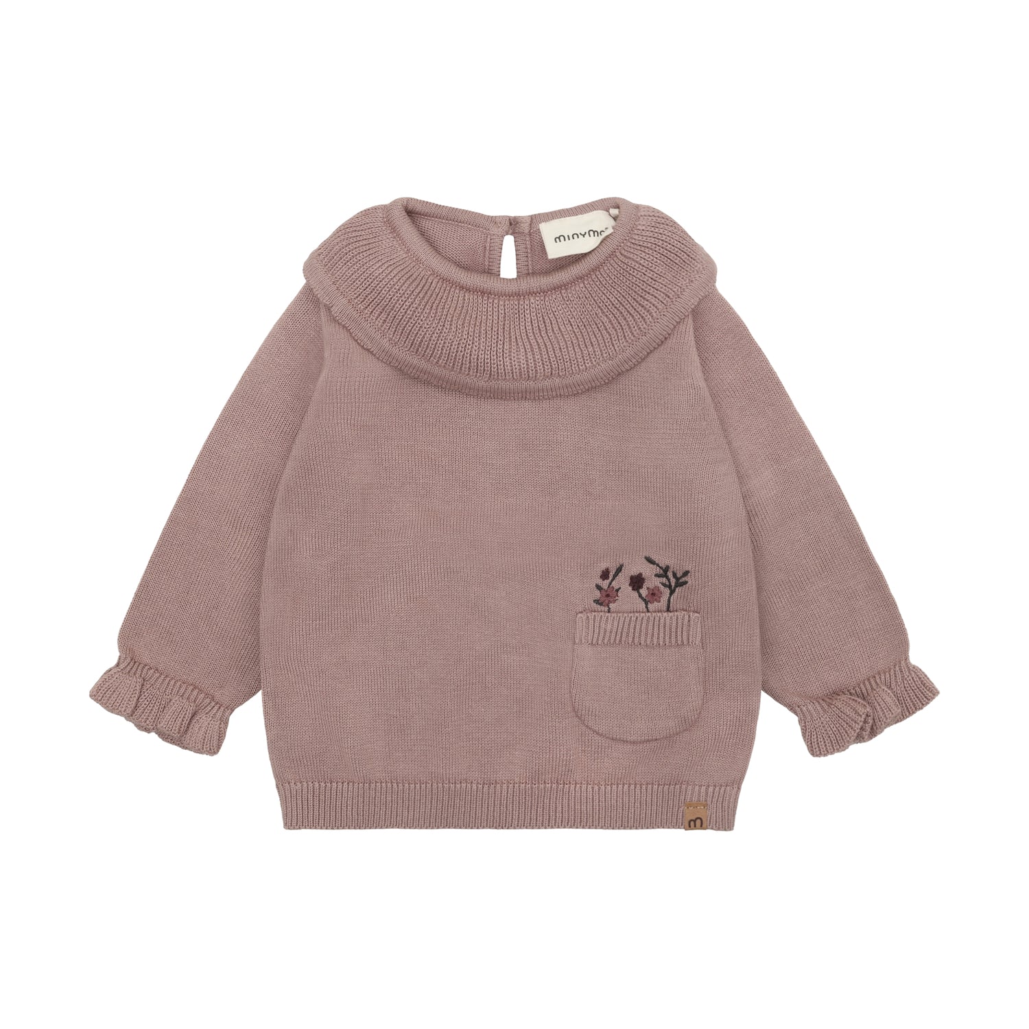 Gemütlicher Knit Pullover von Minymo aus 100% Baumwolle mit praktischer Tasche und zierlichem Blümchen-Detail – perfekt für jeden Tag.