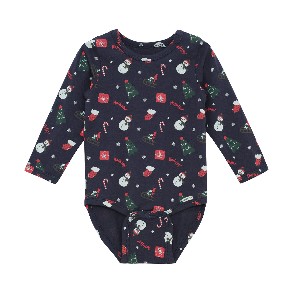 Weiches Langarm-Babybody in dunklem Blau mit festlichem Weihnachtsmotiv-Allover-Design von Minymo – perfekt für die Winterzeit.