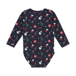 Weiches Langarm-Babybody in dunklem Blau mit festlichem Weihnachtsmotiv-Allover-Design von Minymo – perfekt für die Winterzeit.