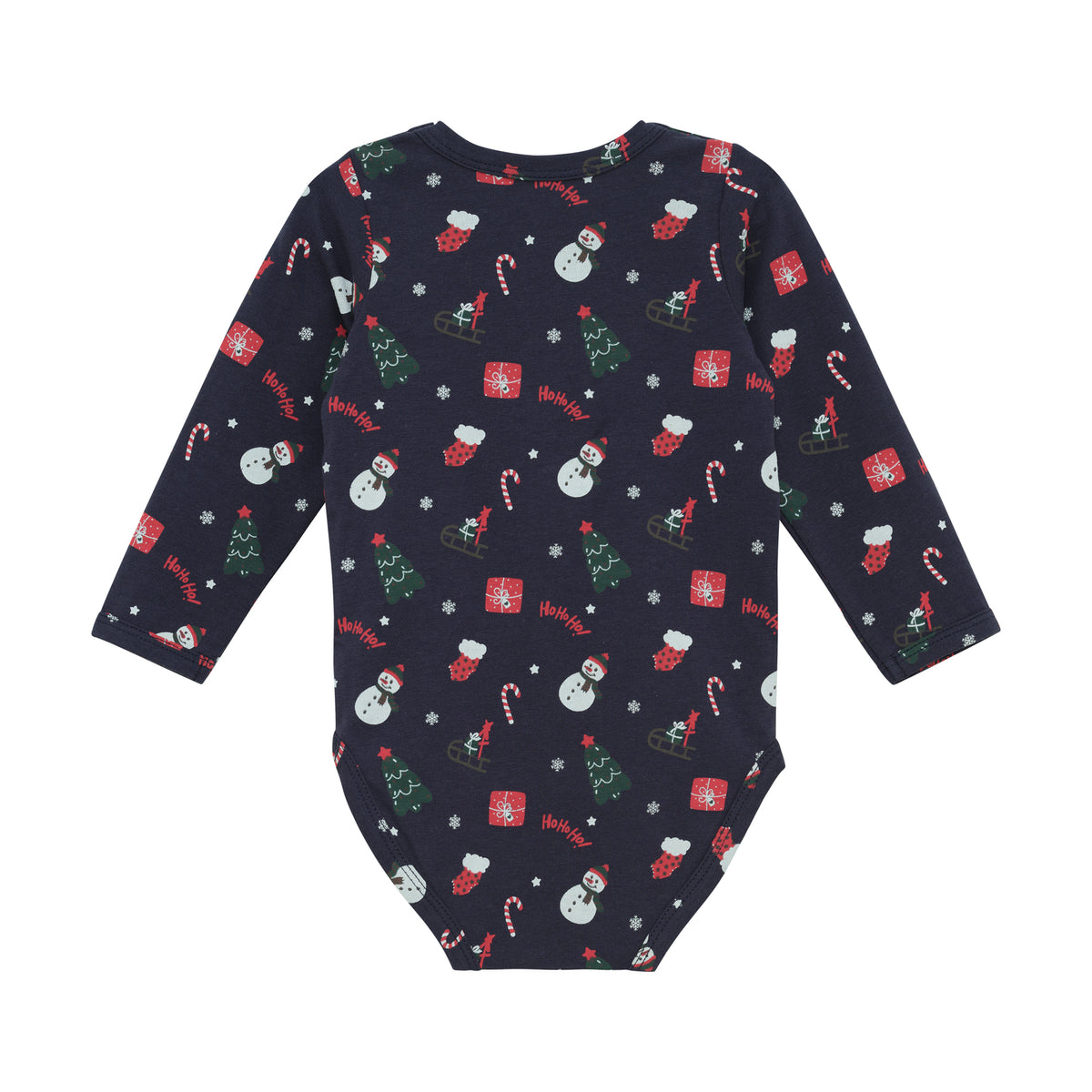 Weiches Langarm-Babybody in dunklem Blau mit festlichem Weihnachtsmotiv-Allover-Design von Minymo – perfekt für die Winterzeit.