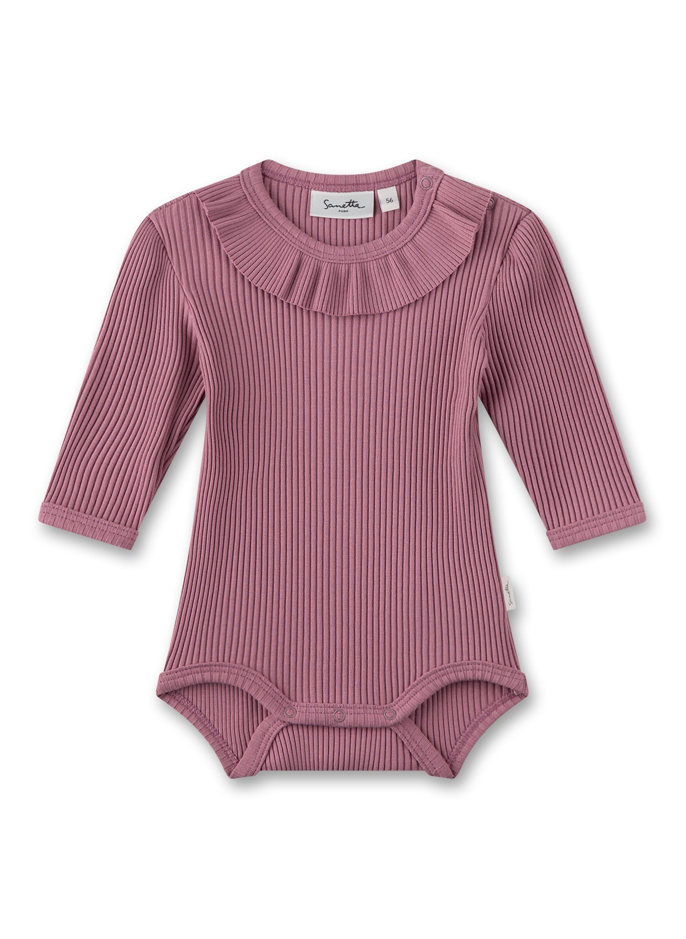 Zauberhafter Mädchen-Body von Sanetta Pure aus einer breiteren Ripp-Qualität mit Rüsche am Halsausschnitt.