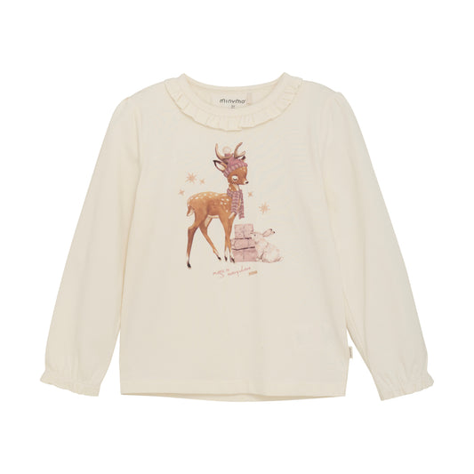 Ein langarmiges Shirt mit weihnachtlichem Print von Minymo - perfekt für kleine Mädchen, die sich in der Weihnachtszeit stylen wollen. 