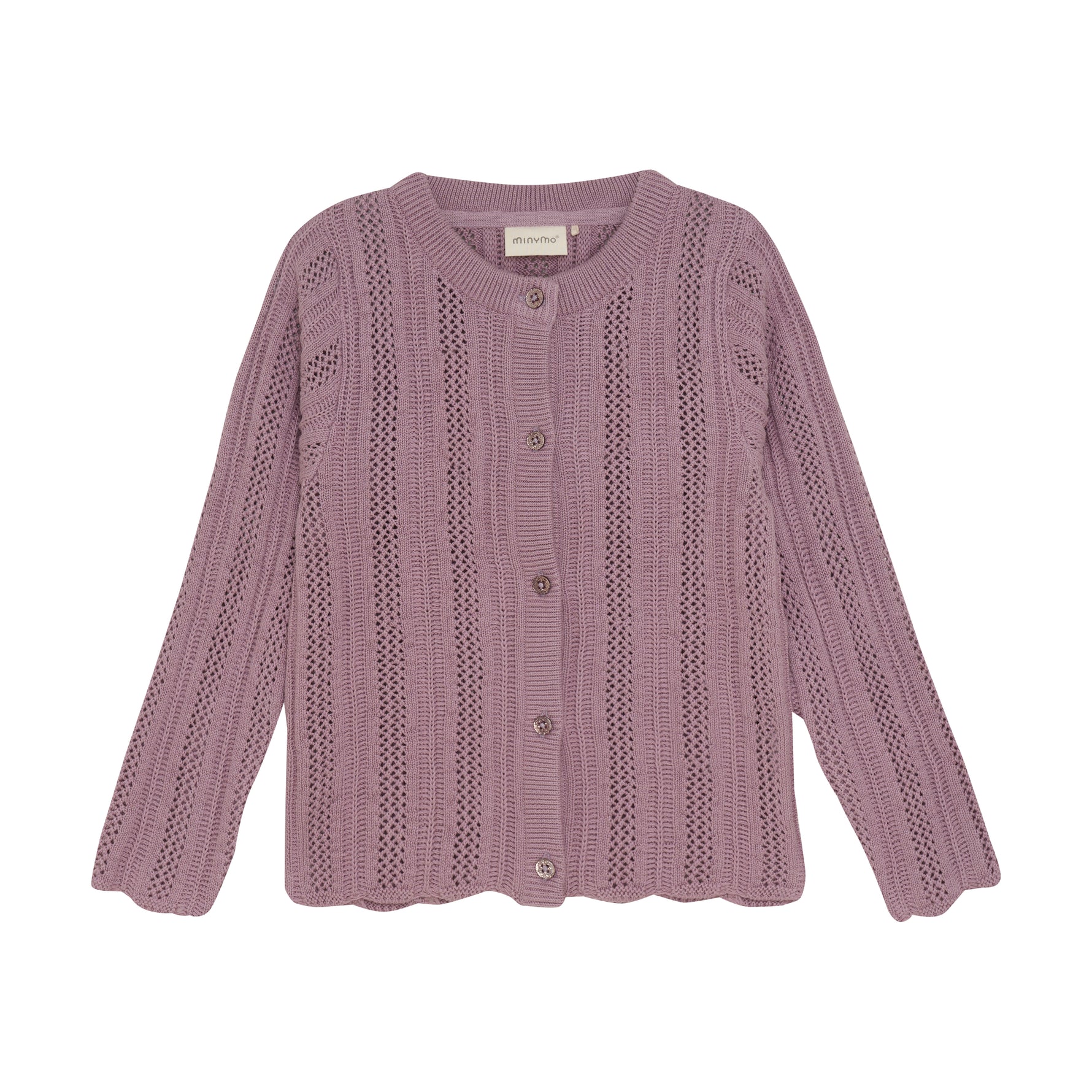 Dieser lila Cardigan von MINYMO überzeugt durch sein weiches Strickmaterial und sorgt für angenehmen Tragekomfort bei jedem Anlass.