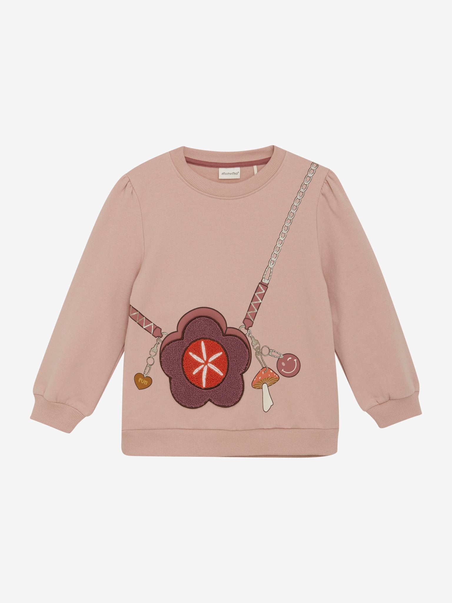Dieses langärmlige Sweatshirt in Rosa von MINYMO besticht durch ein charmantes Blumentaschen-Motiv und sorgt für einen stilvollen, bequemen Look.