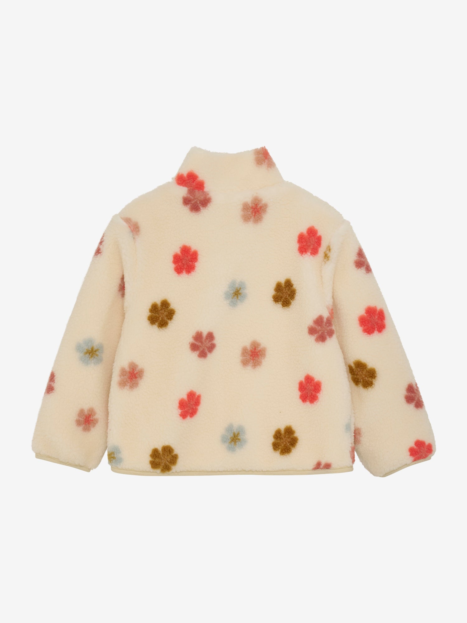 Diese flauschige Teddyjacke besticht durch ihren farbenfrohen, durchgehenden Blumenprint und sorgt für einen auffälligen Look mit angenehmem Tragekomfort.