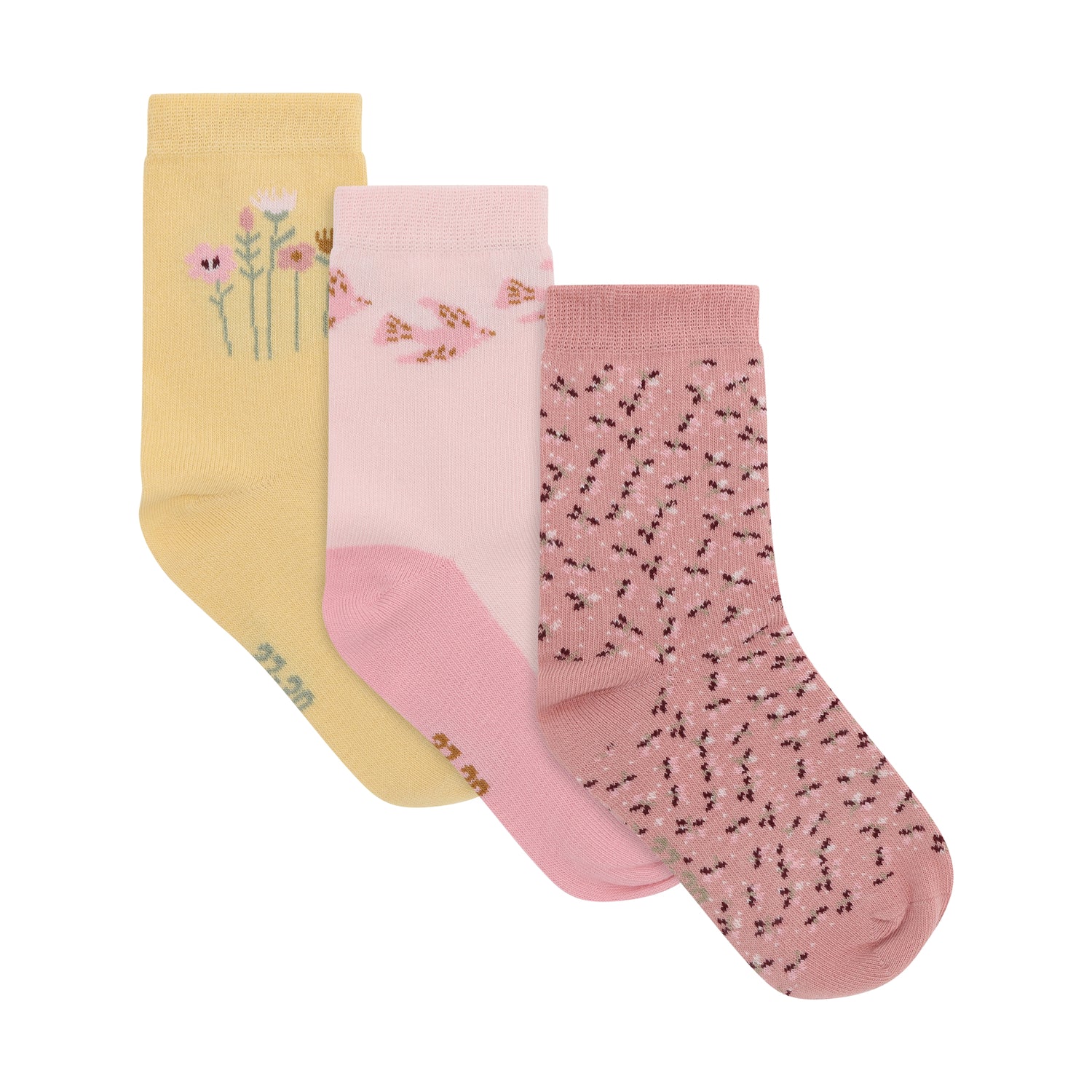 3er Pack Socken in Rosa und Gelb mit verschiedenen Motiven.