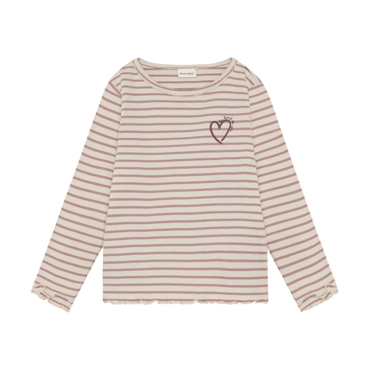 Gestreiftes Langarm-Shirt aus weichem Rib-Material von Minymo mit zierlichem Herzdesign. Die Kombination aus 95% Baumwolle und 5% Elastane sorgt für optimalen Tragekomfort und sanfte Elastizität. Perfekt für Kinder, die Qualität und Style lieben.