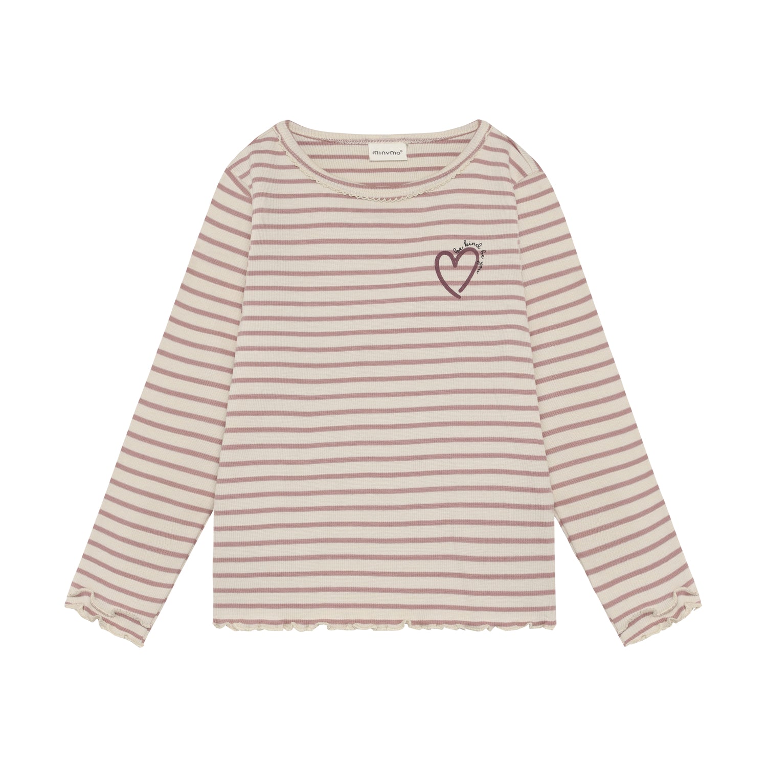 Gestreiftes Langarm-Shirt aus weichem Rib-Material von Minymo mit zierlichem Herzdesign. Die Kombination aus 95% Baumwolle und 5% Elastane sorgt für optimalen Tragekomfort und sanfte Elastizität. Perfekt für Kinder, die Qualität und Style lieben.