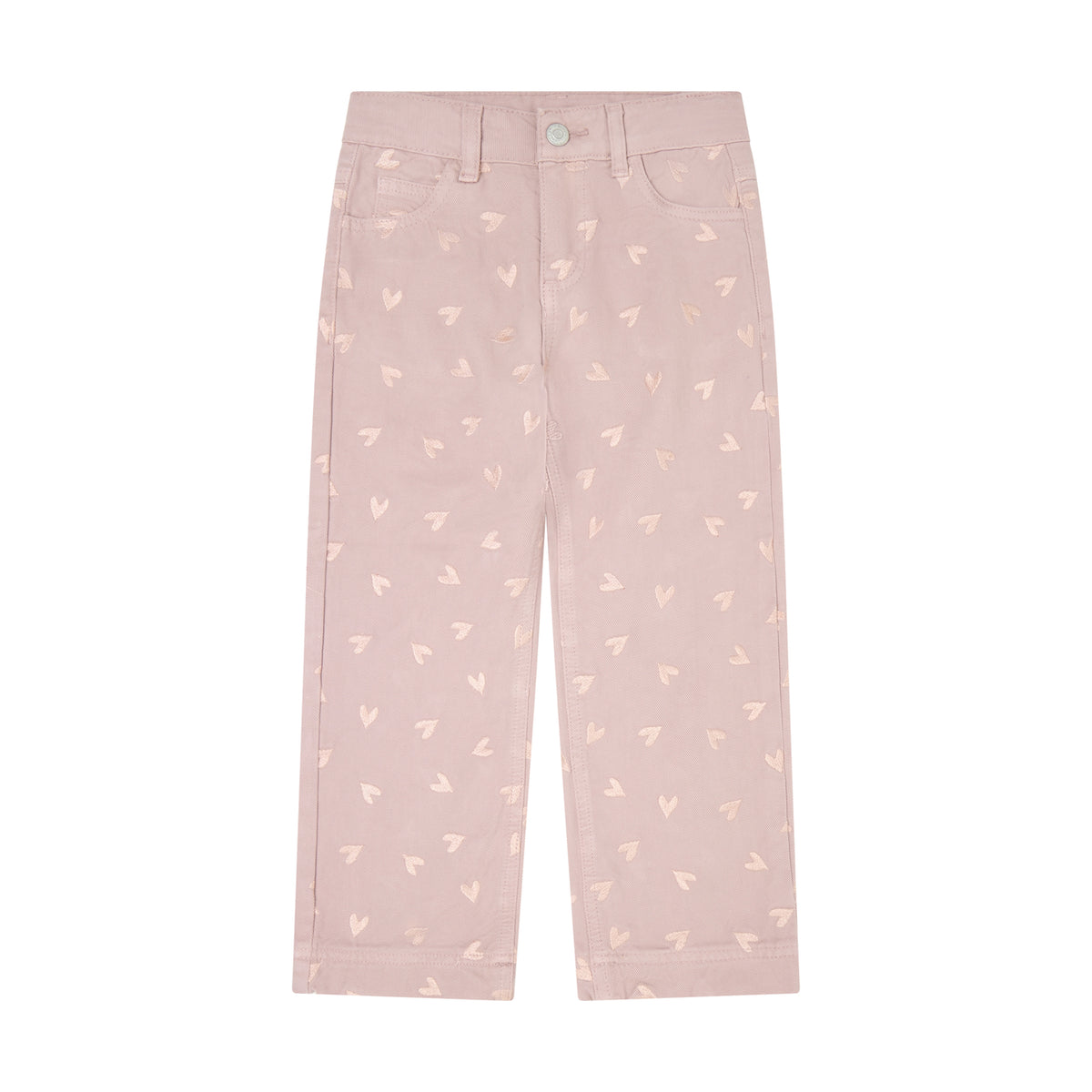 Rosa Twill-Hose mit liebevollen Herzdetails von Minymo. Aus 100% Baumwolle gefertigt für maximalen Komfort und Langlebigkeit. Perfekt für kleine Fashionistas, die Wert auf Qualität und süße Details legen.