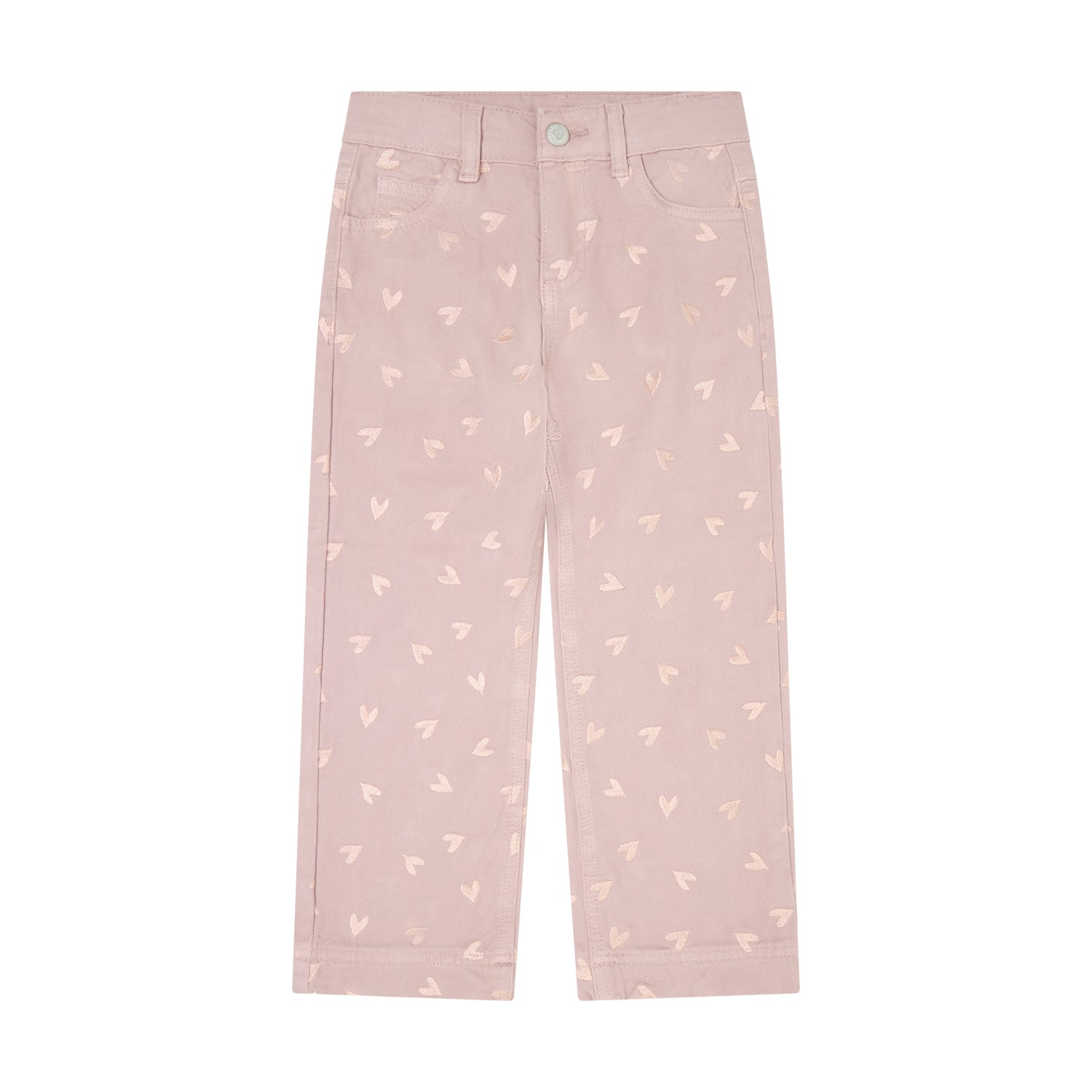 Rosa Twill-Hose mit liebevollen Herzdetails von Minymo. Aus 100% Baumwolle gefertigt für maximalen Komfort und Langlebigkeit. Perfekt für kleine Fashionistas, die Wert auf Qualität und süße Details legen.