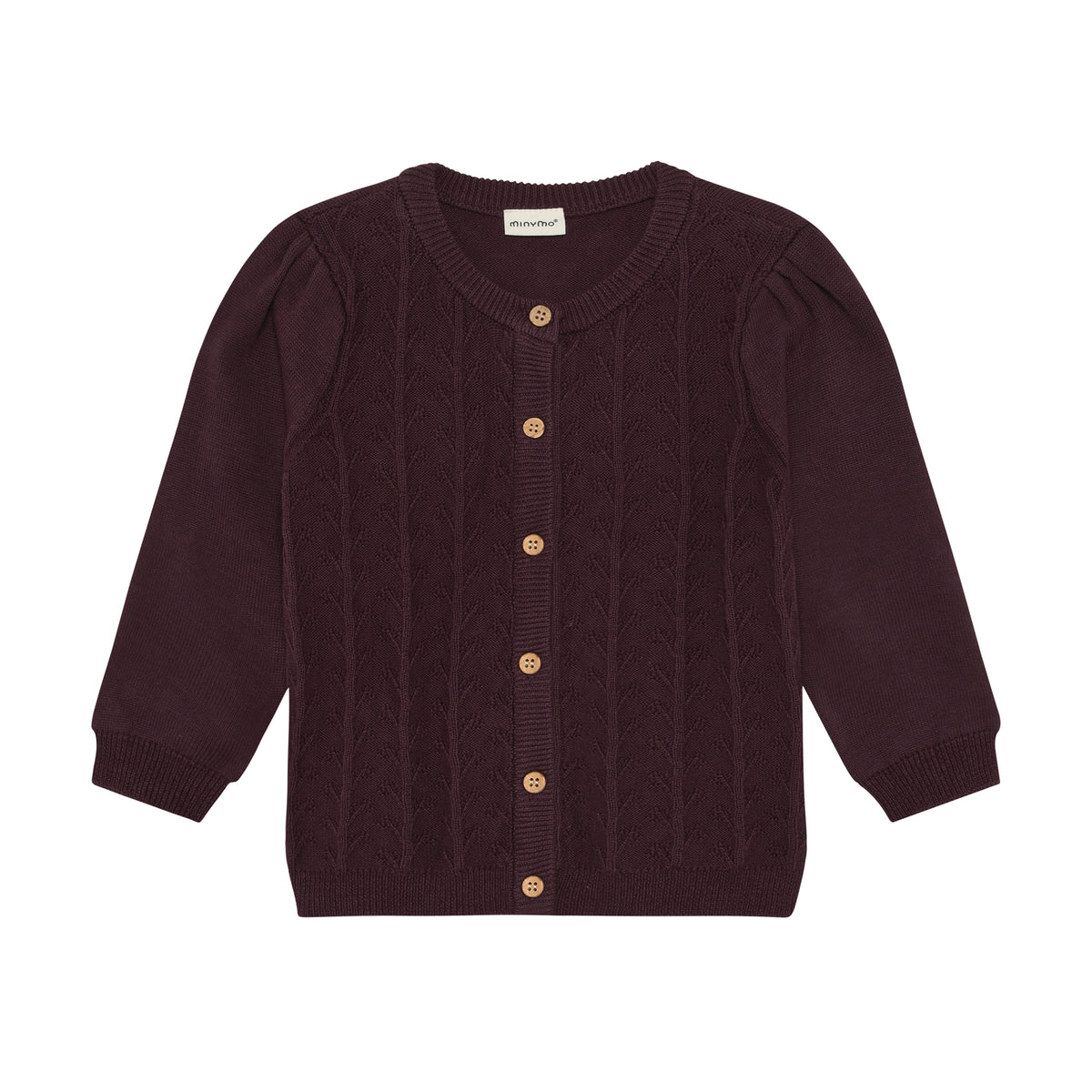 Ein eleganter Knit Cardigan in dunkellila von Minymo, gefertigt aus 100% Baumwolle für höchsten Tragekomfort und Langlebigkeit.