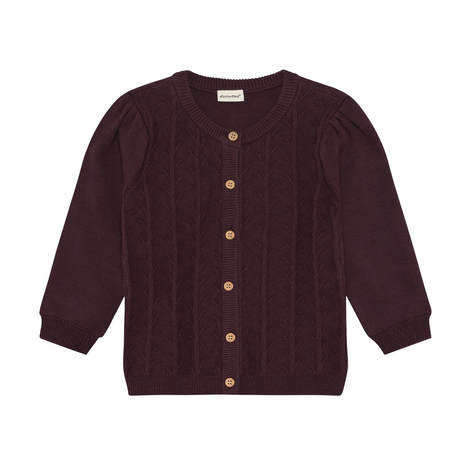 Ein eleganter Knit Cardigan in dunkellila von Minymo, gefertigt aus 100% Baumwolle für höchsten Tragekomfort und Langlebigkeit.