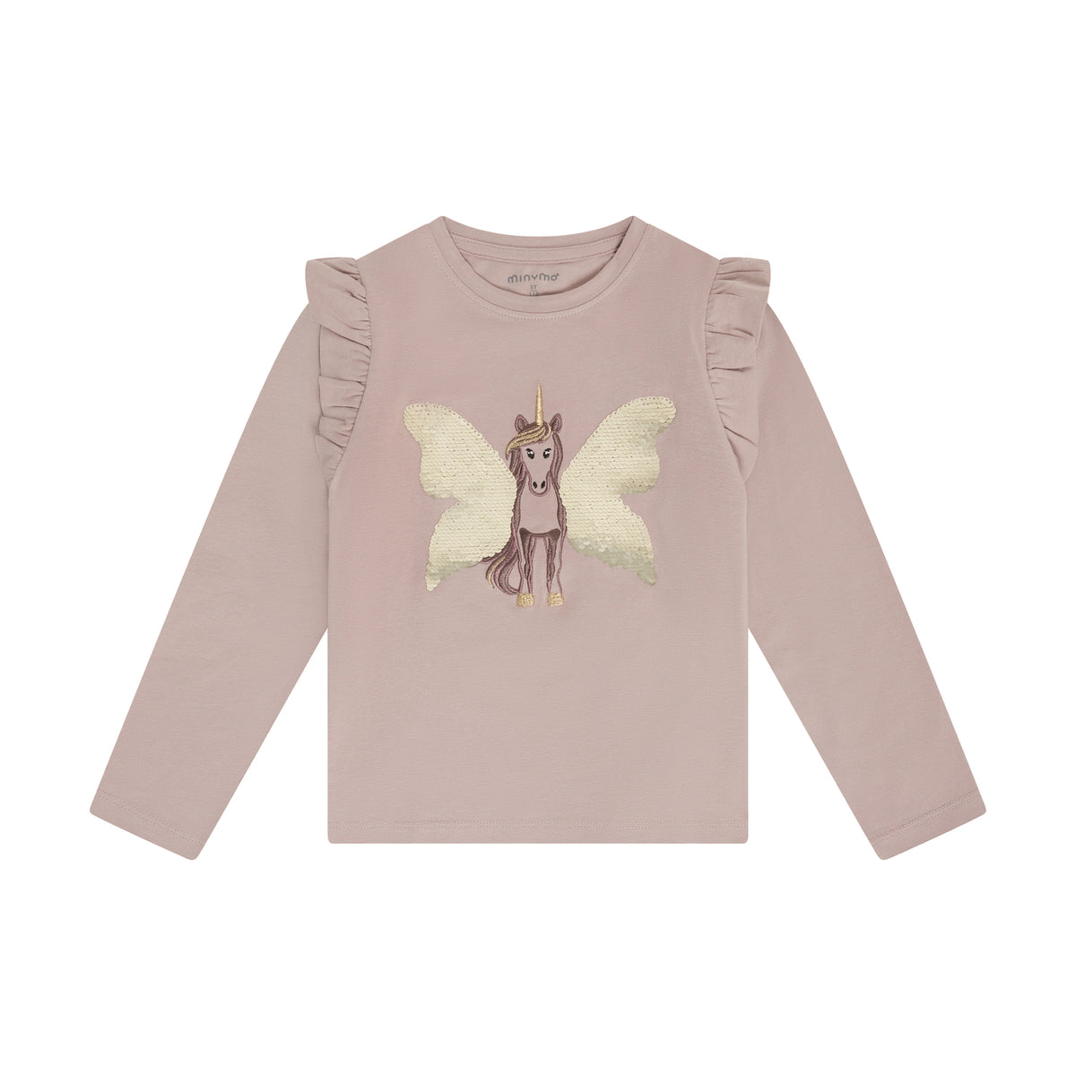 Langärmeliges T-Shirt von Minymo mit fliegendem Einhorn-Motiv und glitzernden Pailletten-Flügeln. Weiches, elastisches Material aus 95% Baumwolle und 5% Elastane für optimalen Tragekomfort.