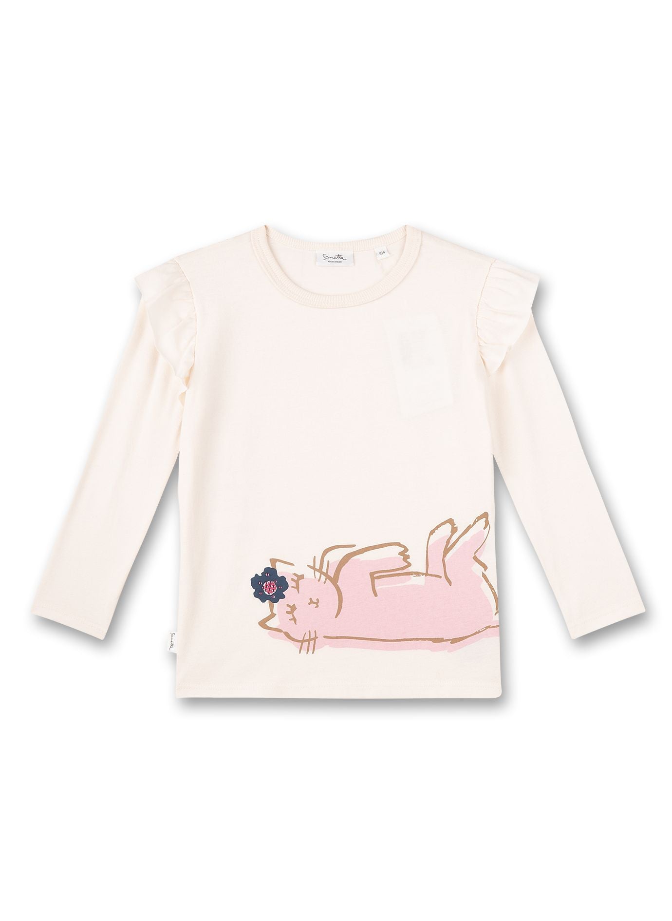 Hübsches Mädchen-Langarmshirt von Sanetta Kidswear mit Rüschen-Applikationen an den Schultern und einem niedlichen Katzen-Motiv.