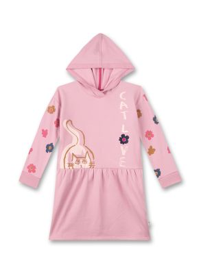 Gemütliches Mädchen-Kleid mit Kapuze von Sanetta Kidswear in Rosa mit einer Liebeserklärung an Katzen. 