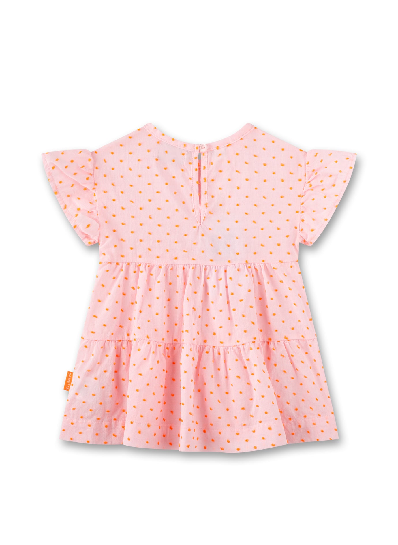 Schickes Mädchenkleid in Rosa mit eingewebten Knötchen in Orange und süßen Flügelärmeln von Sanetta Pure