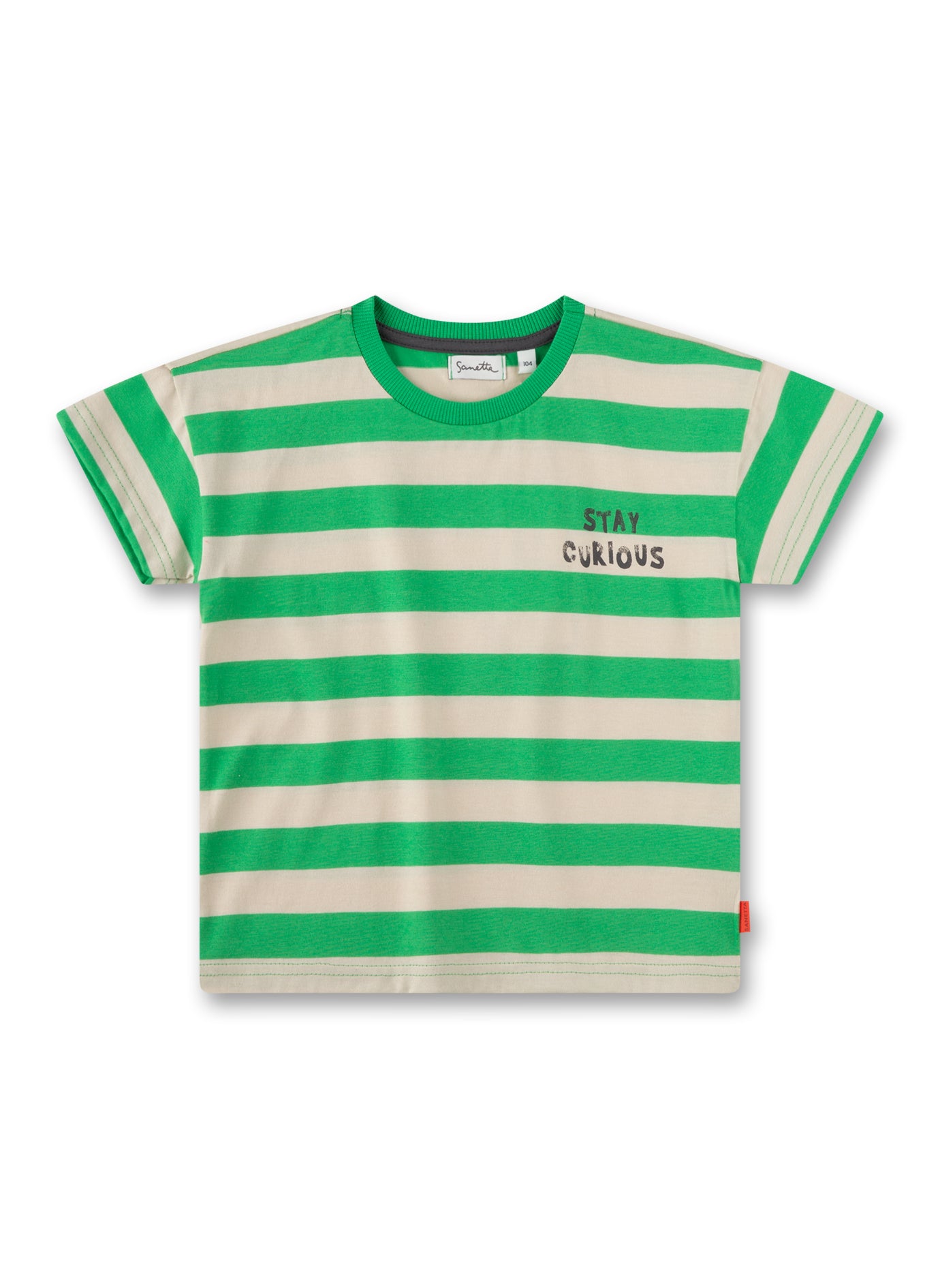 Niedliches T-Shirt von Sanetta Pure für kleine und große Jungs im breiten Ringel-Design in einem kräftigen Grün und Beige.