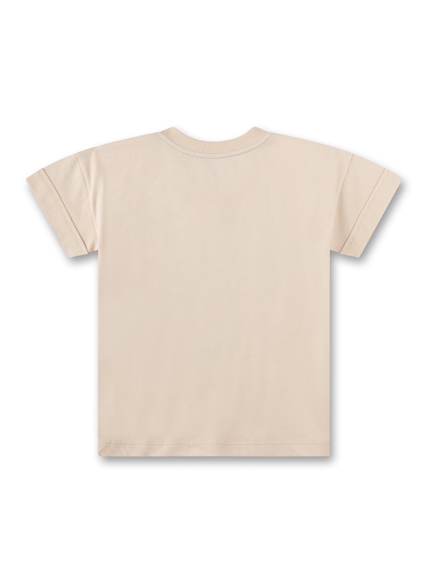 Trendiges Jungen T-Shirt in Beige von Sanetta Pure mit einer sommerlichen Applikation aus Palme, Surfbrett und Sonne auf der Brust.