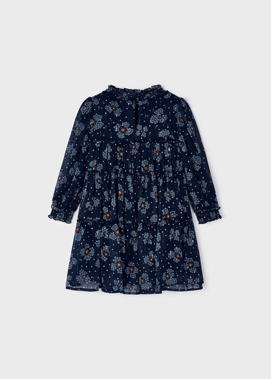 dunkelblaues Kleid mit Blumenmotiv
