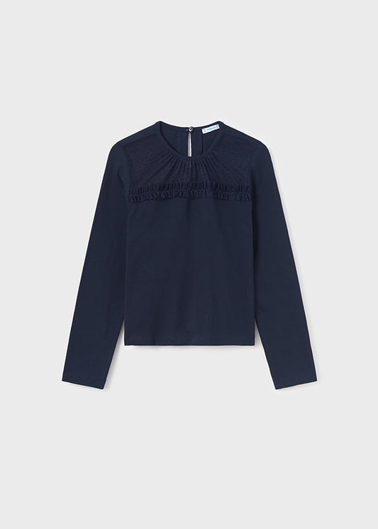 dunkelblaues langarm Shirt mit Tüll