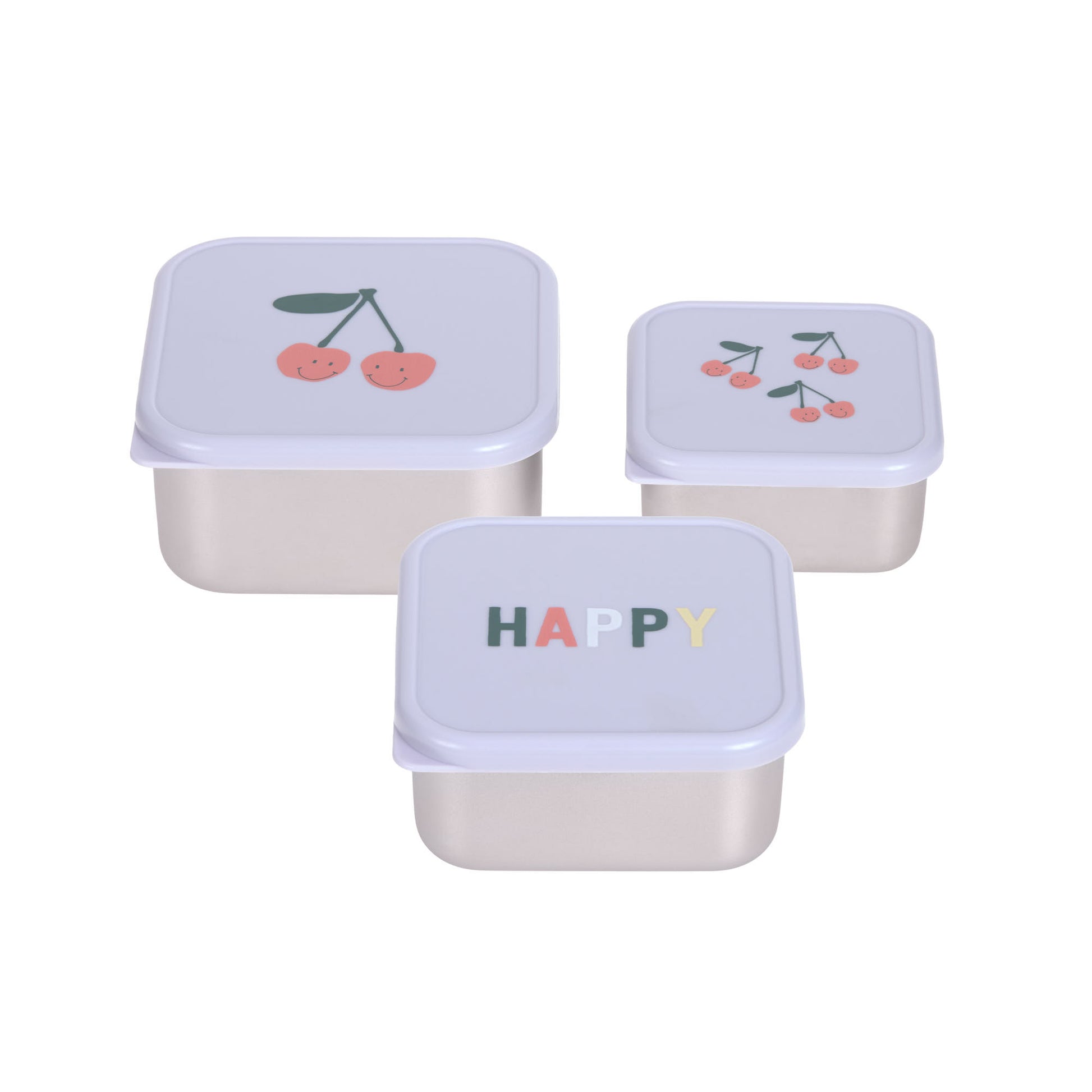    Die drei Edelstahl Snackboxen im Happy Fruits Cherry Design sind ideal für Obst, Gemüse und kleine Snacks unterwegs. Die Dosen sind BPA-frei, spülmaschinengeeignet und dank der drei unterschiedlichen Größen platzsparend ineinander stapelbar.