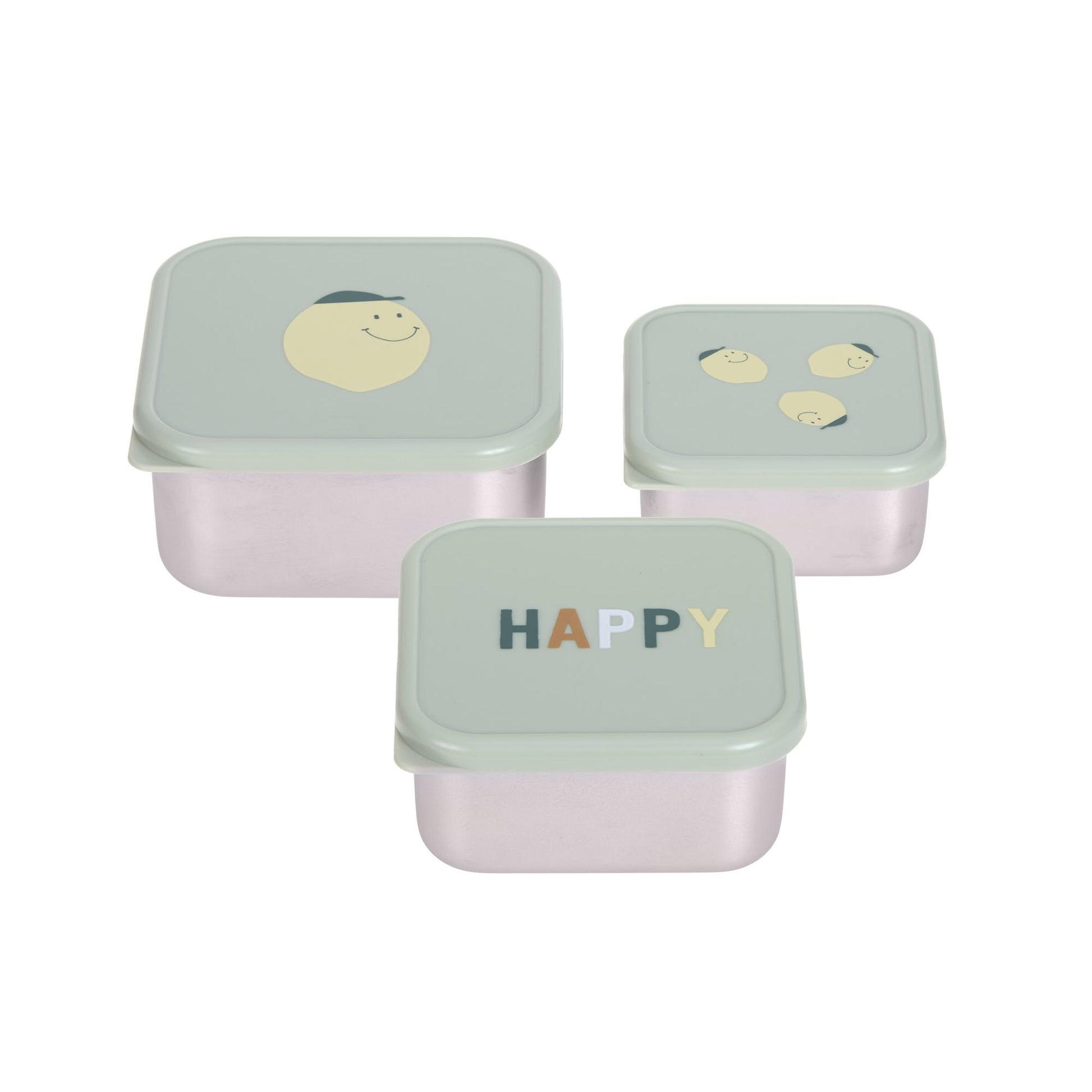 Die drei Edelstahl Snackboxen im Happy Fruits Lemon Design sind ideal für Obst, Gemüse und kleine Snacks unterwegs. Die Dosen sind BPA-frei, spülmaschinengeeignet und dank der drei unterschiedlichen Größen platzsparend ineinander stapelbar.