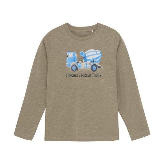 Dieses beige T-Shirt von MINYMO besticht durch einen auffälligen blauen Zementmischer und verleiht Ihrem Outfit eine einzigartige Note.